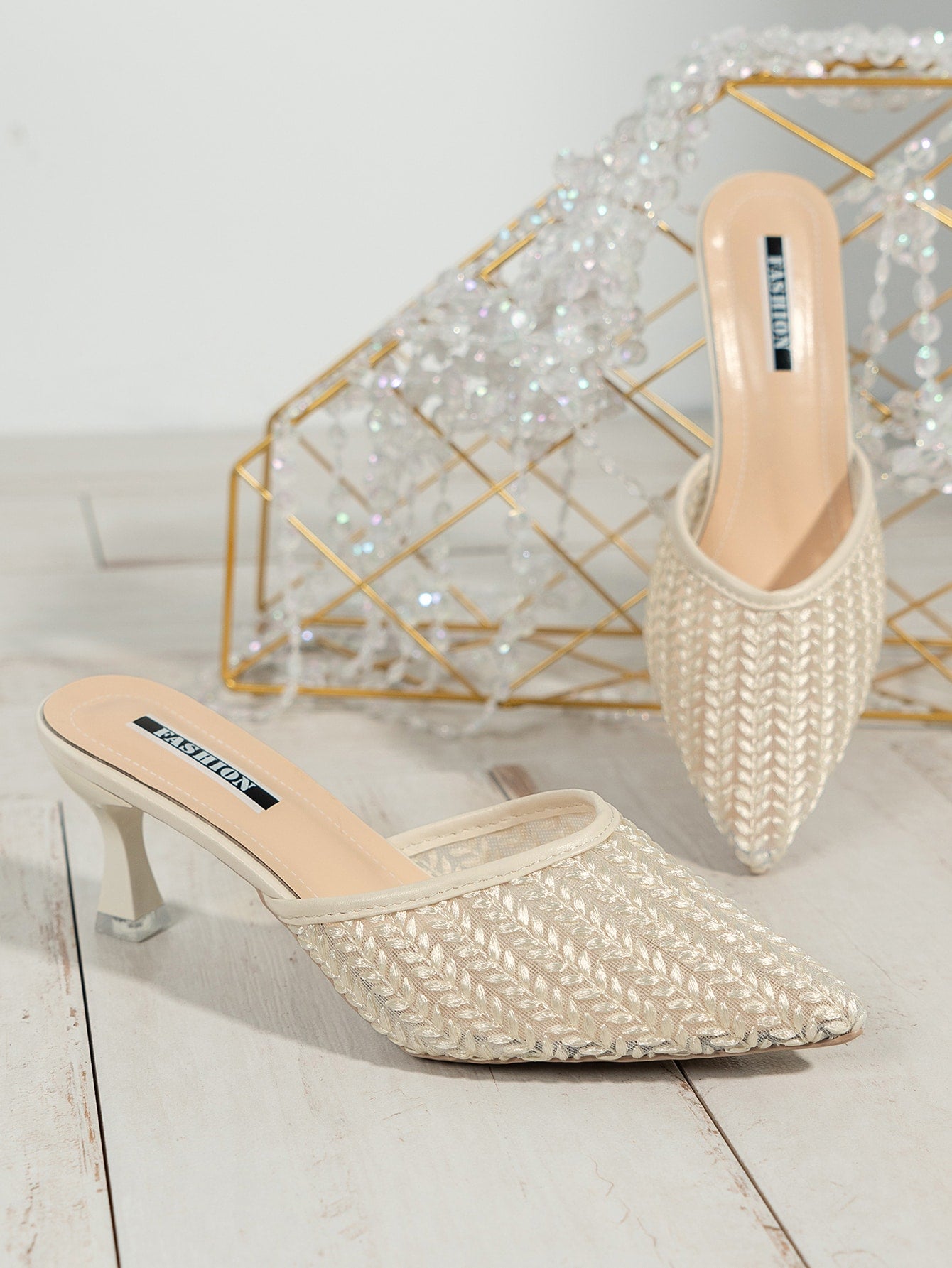 Women Ear Of Wheat Embroidered Point Toe Pyramid Heeled Pumps, Glamorous Party Fabric Mule Pumps