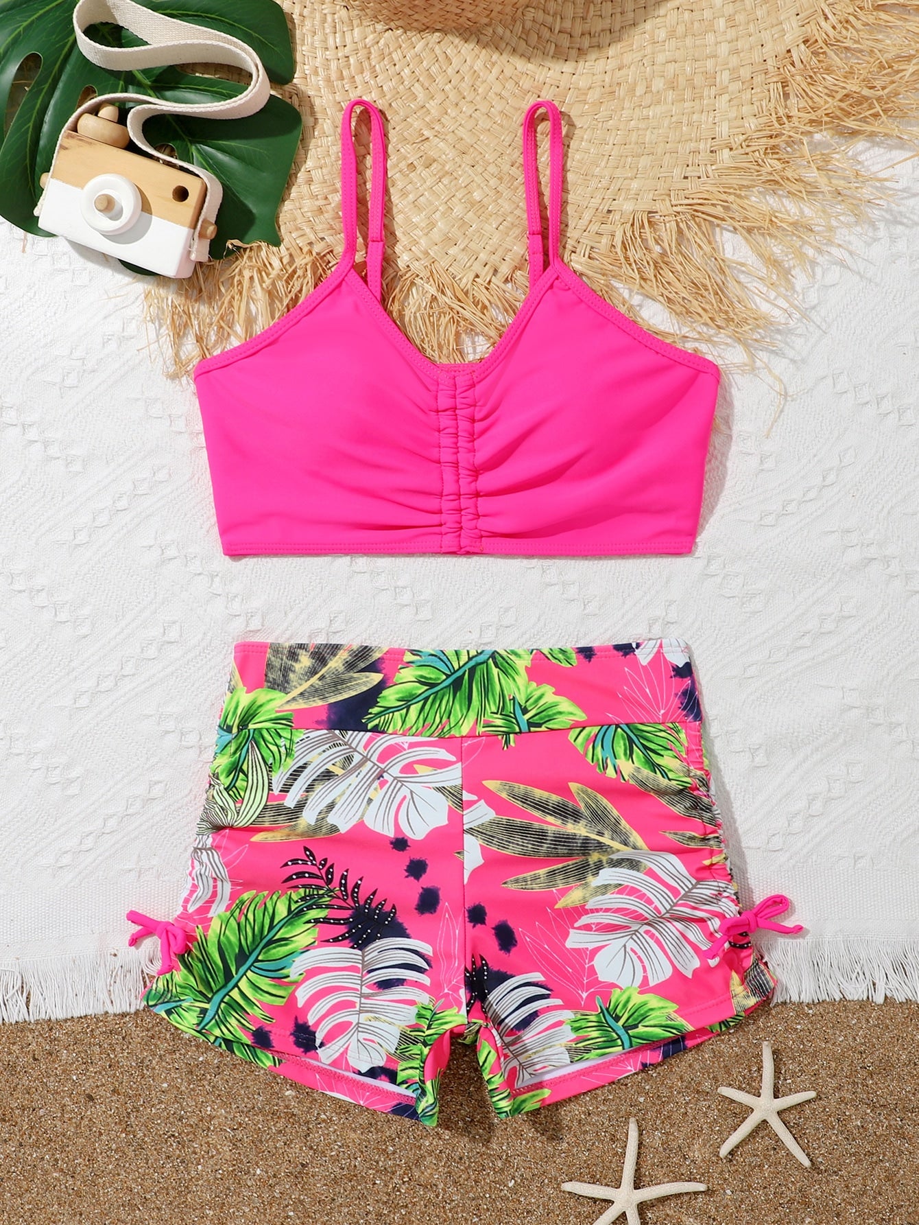 Tween Girl Tropical Print Ruched Bikini Set Summer Beach