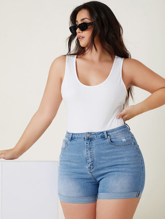 Frenchy Plus High Waist Roll Up Hem Denim Shorts