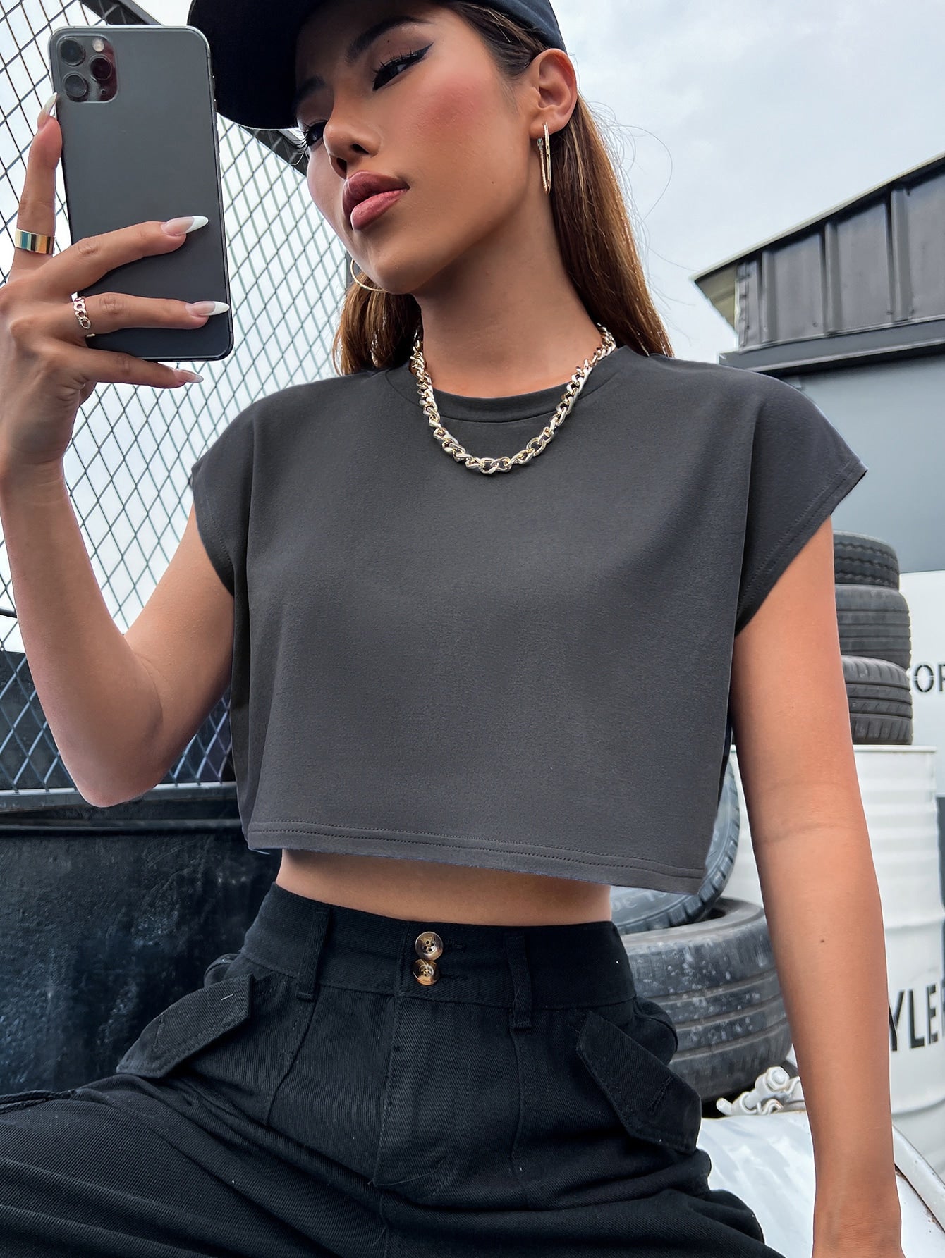 Solid Batwing Sleeve Crop Tee