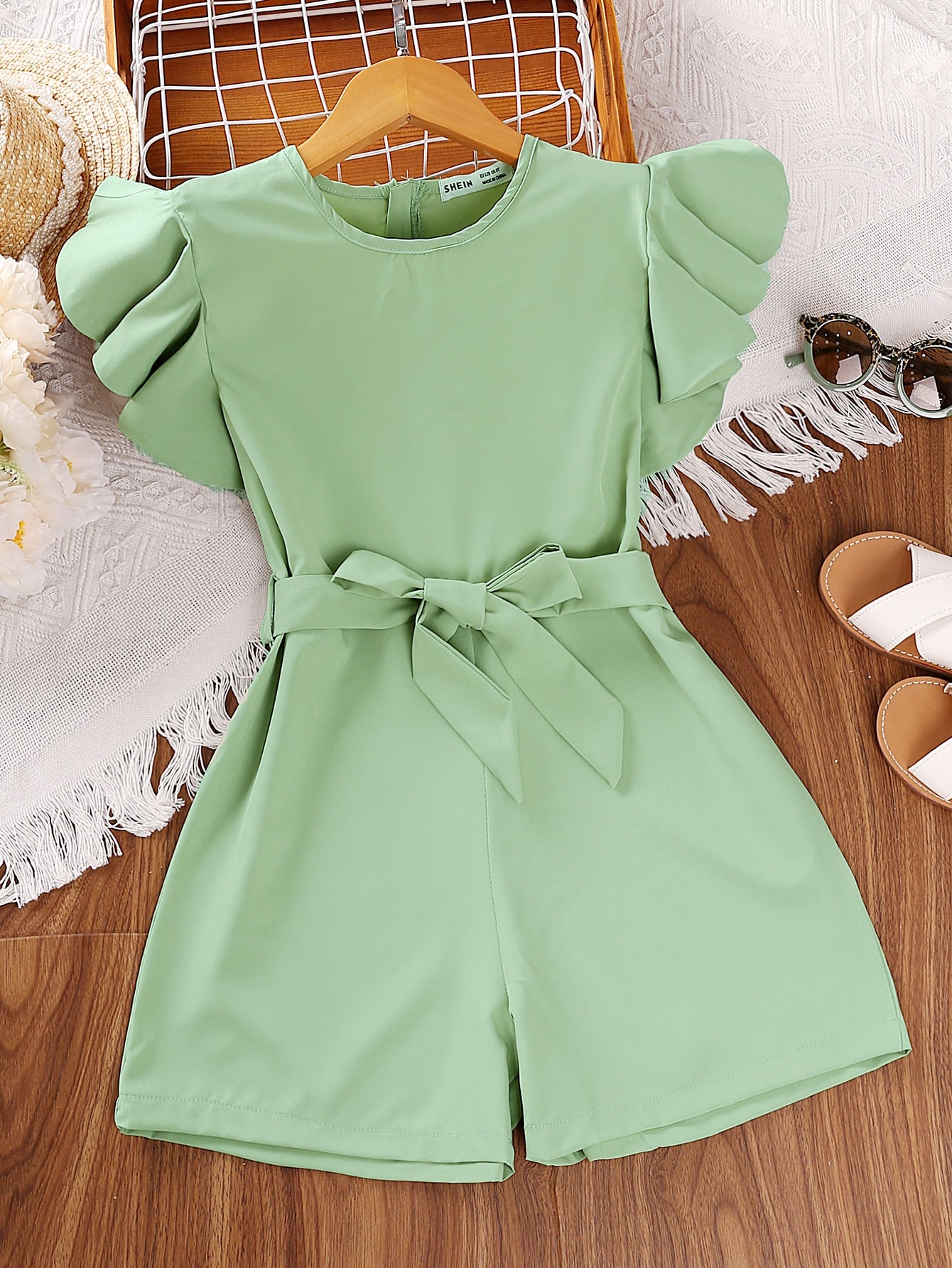 Tween Girl Round Neck Sleeveless Short Jumpsuit With Ruffle Hem And Waist Belt, Summer Vacation