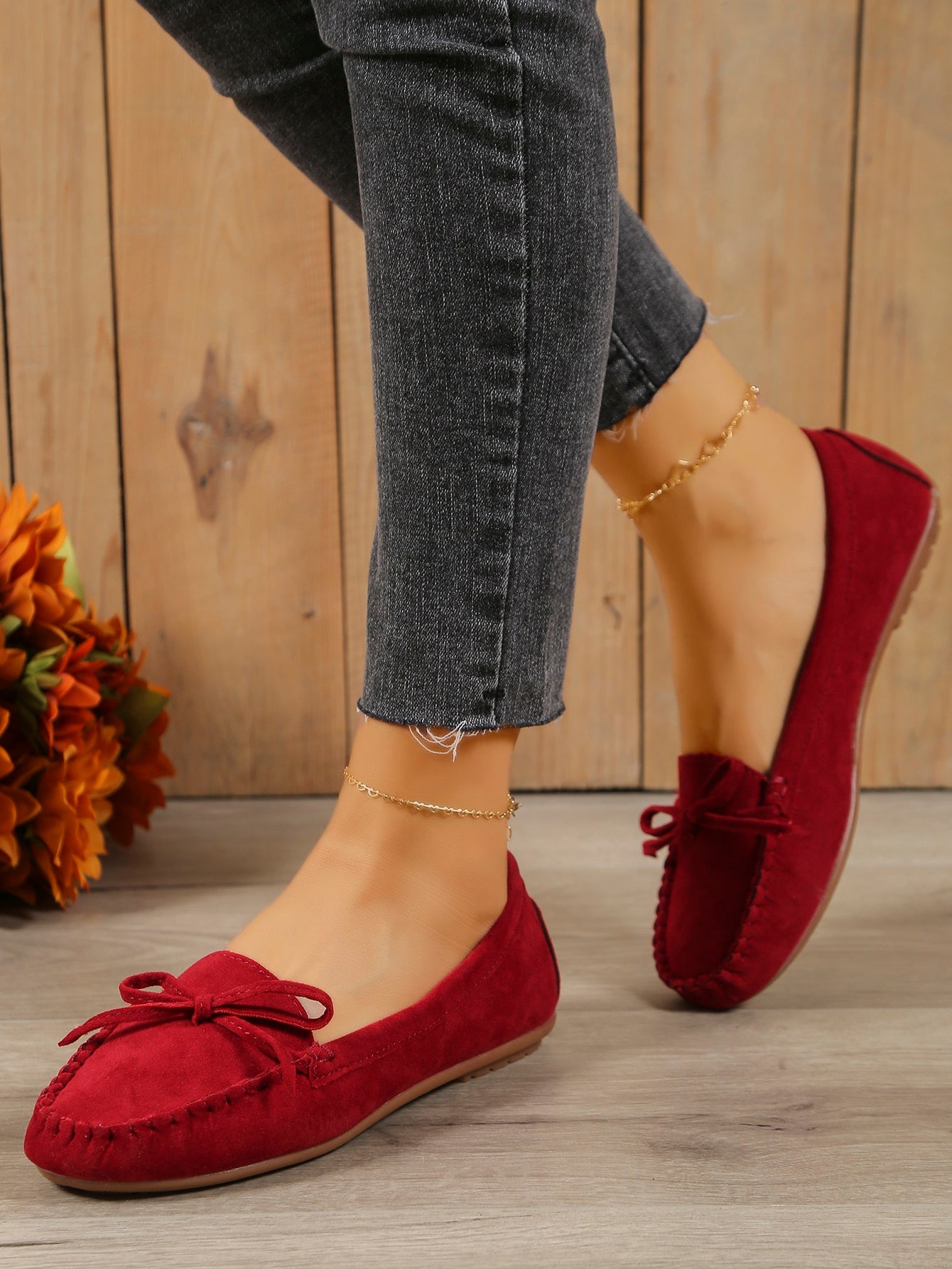 Women Bow Decor Stitched Detail Loafers, Faux Suede Fashion Flats