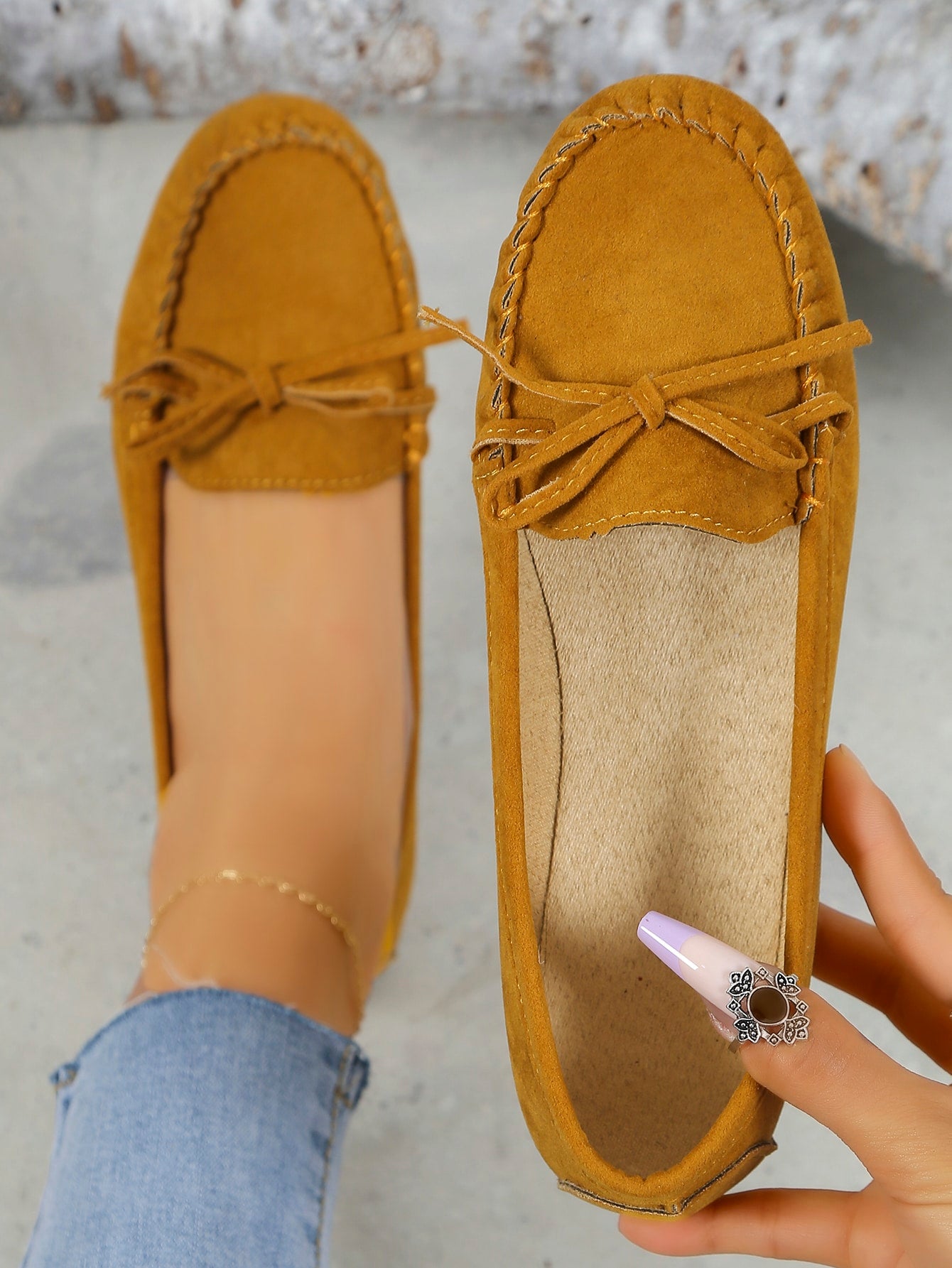 Women Bow Decor Stitched Detail Loafers, Faux Suede Fashion Flats