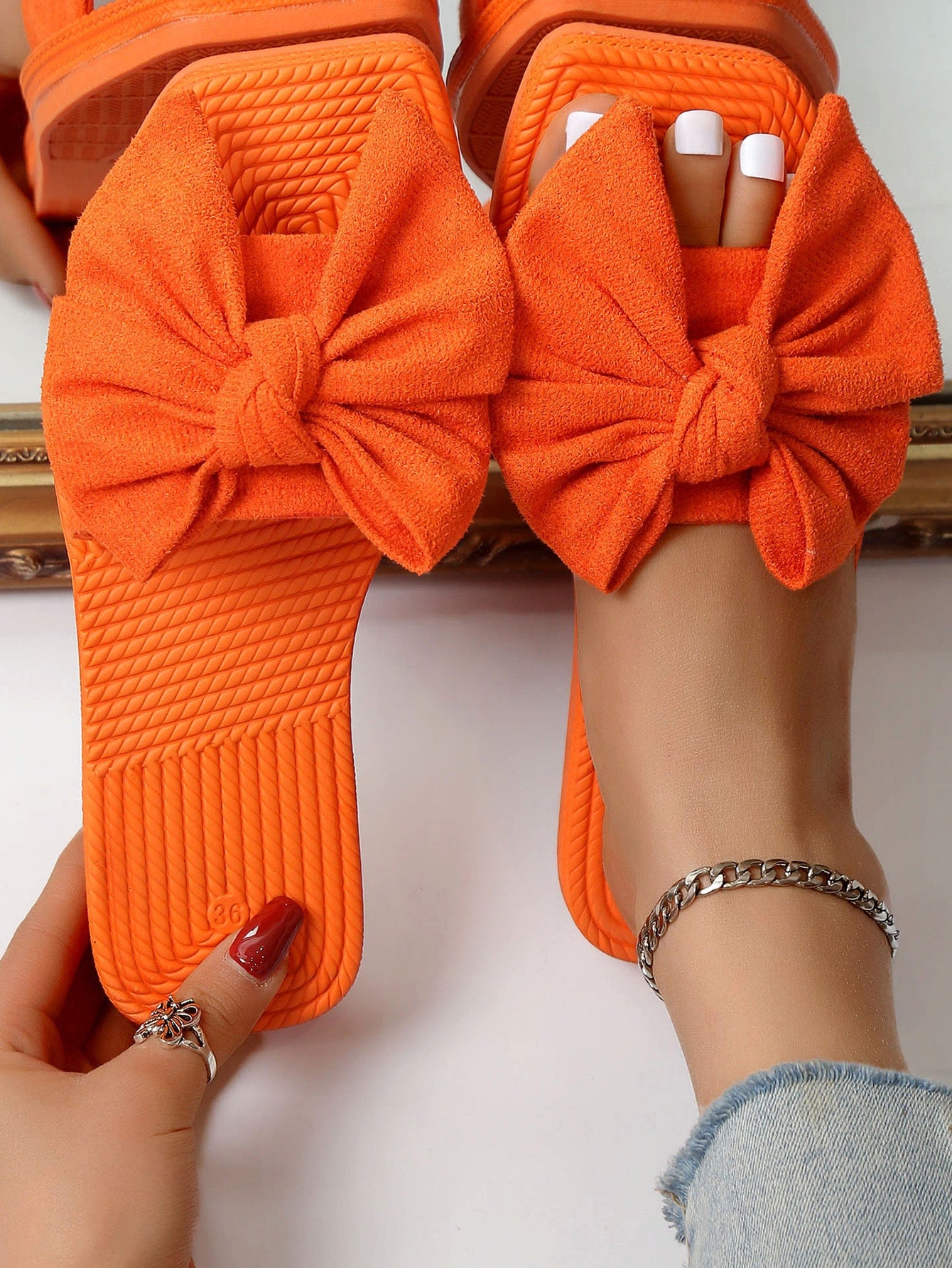 Women Bow Decor Flat Sandals, Funky Neon-orange Faux Suede Slide Sandals For Summer