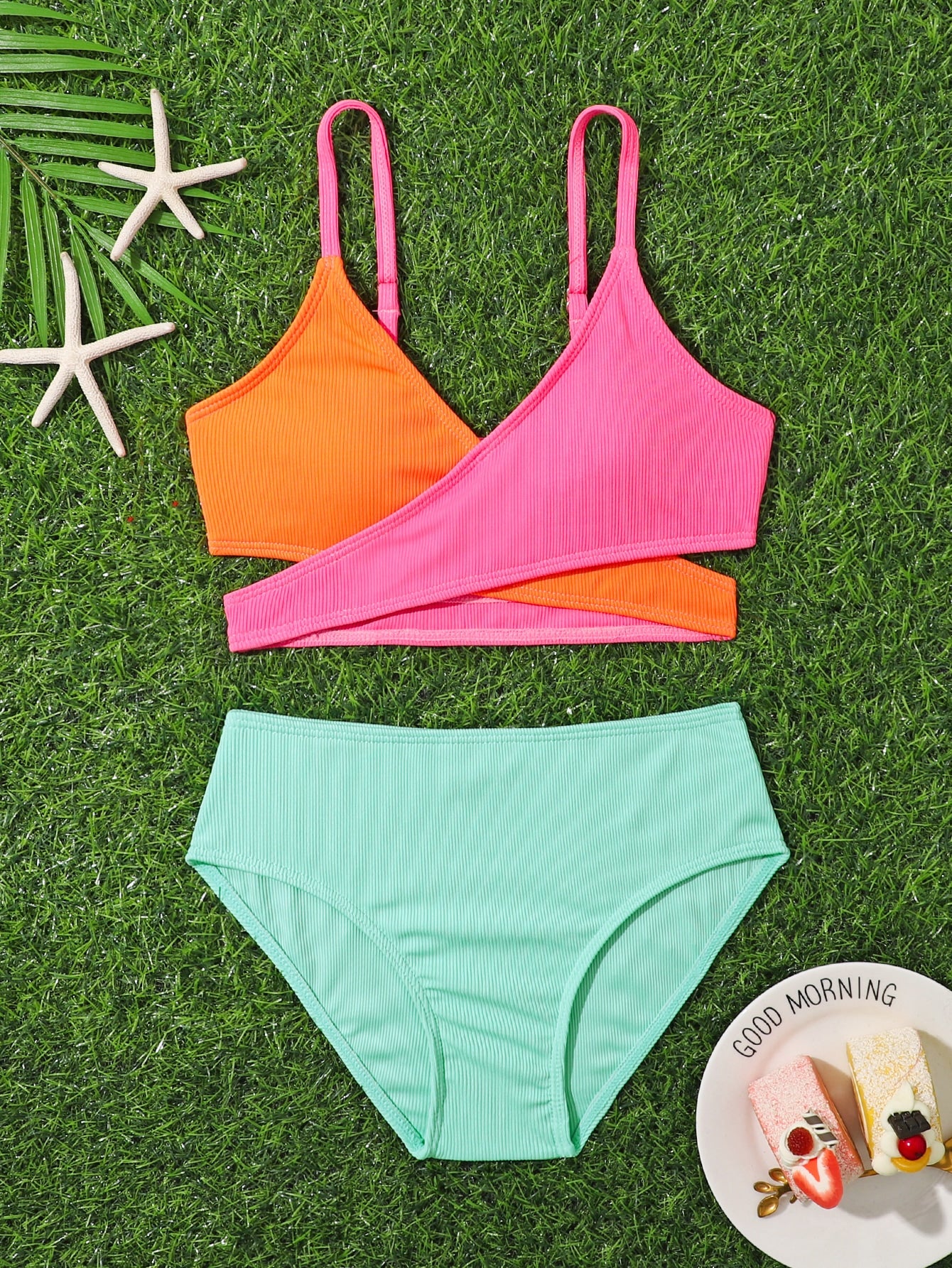 Tween Girl Color Block Wrap Bikini Set Summer Beach