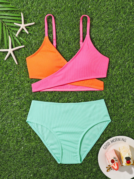 Tween Girl Color Block Wrap Bikini Set Summer Beach