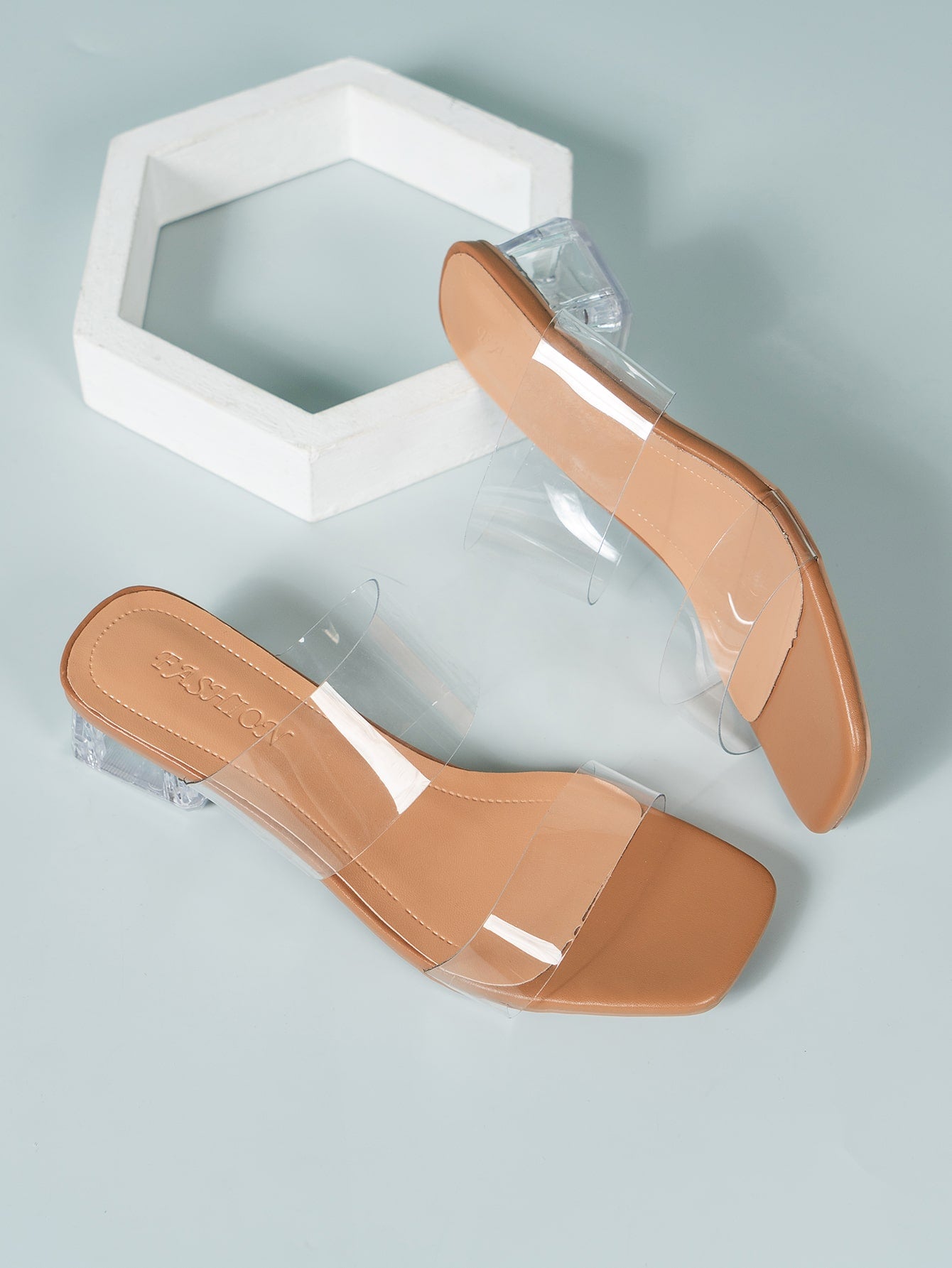 Women Minimalist Mules, PVC Chunky Heeled Fashion Sandals