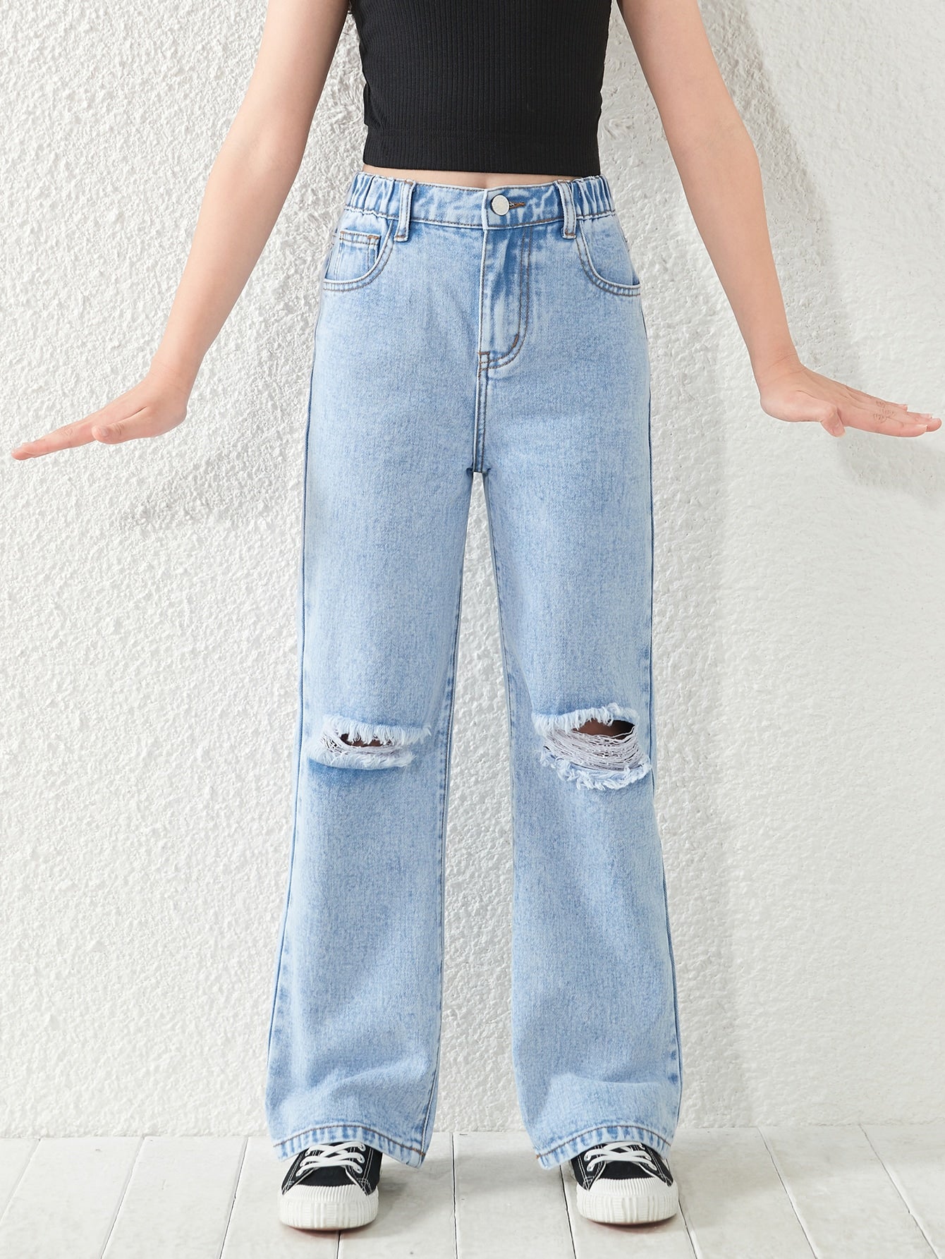 Tween Girl All-Match Wide-Legged Jeans With Rips, Casual And Versatile