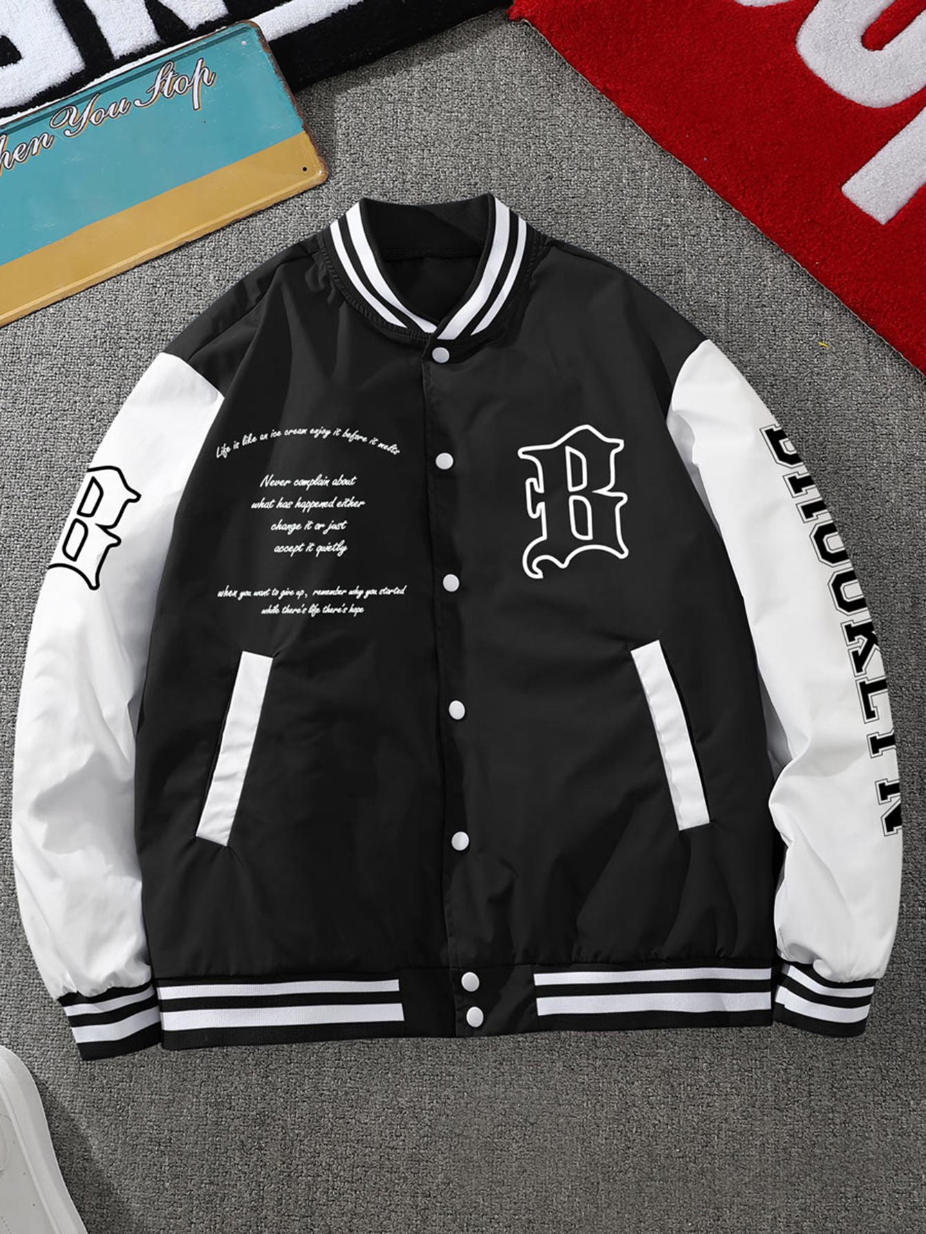 Loose Fit Men's Slogan Graphic Striped Trim Varsity Jacket