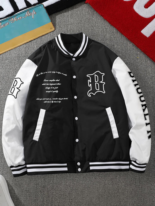 Loose Fit Men's Slogan Graphic Striped Trim Varsity Jacket