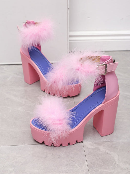 Women Buckle Decor Zipper Back Platform Chunky Heeled Sandals, Glamorous Pink Fluffy Ankle Strap Sandals For Summer