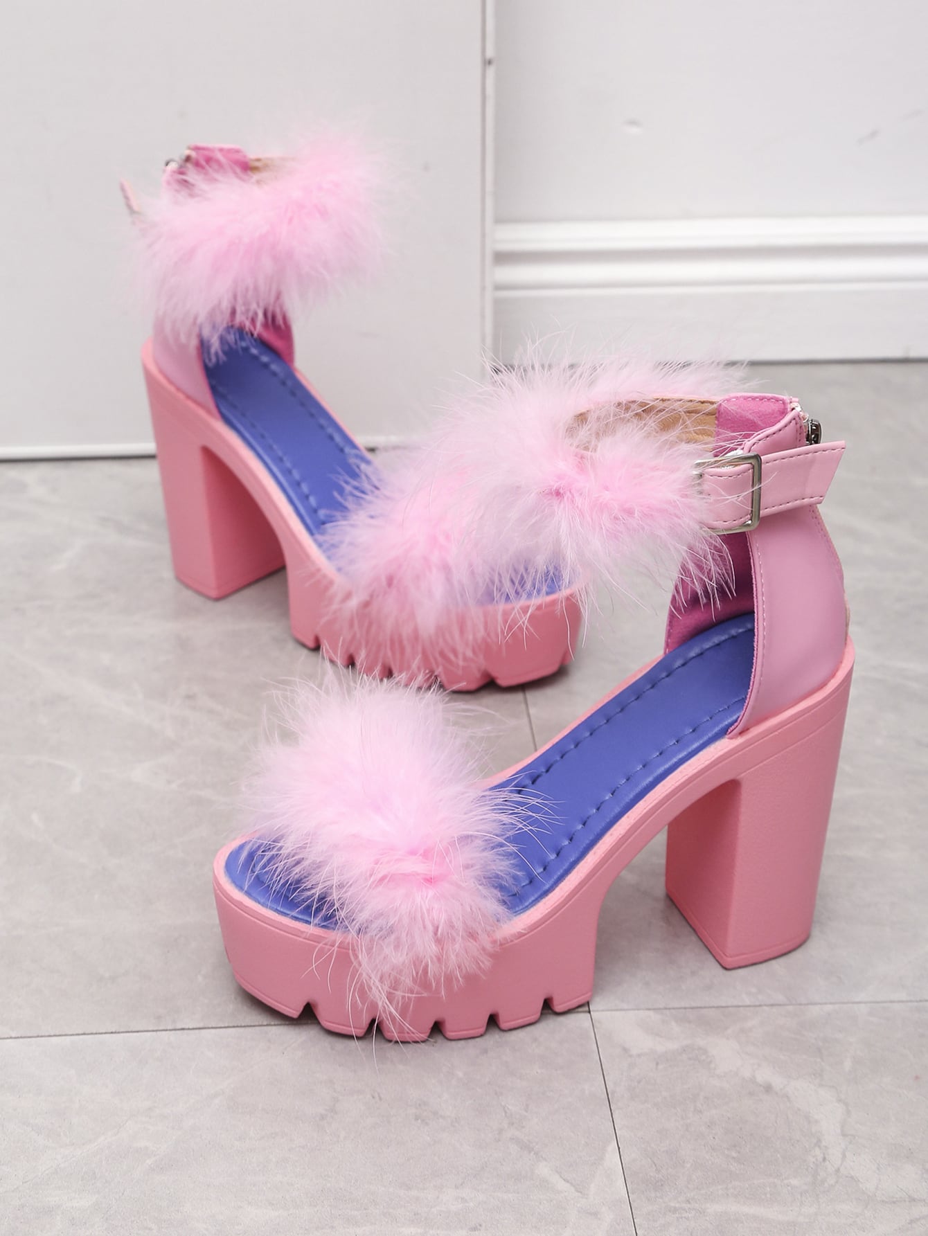 Women Fuzzy Decor Platform Chunky Heeled Sandals, Glamorous Outdoor Ankle Strap Sandals