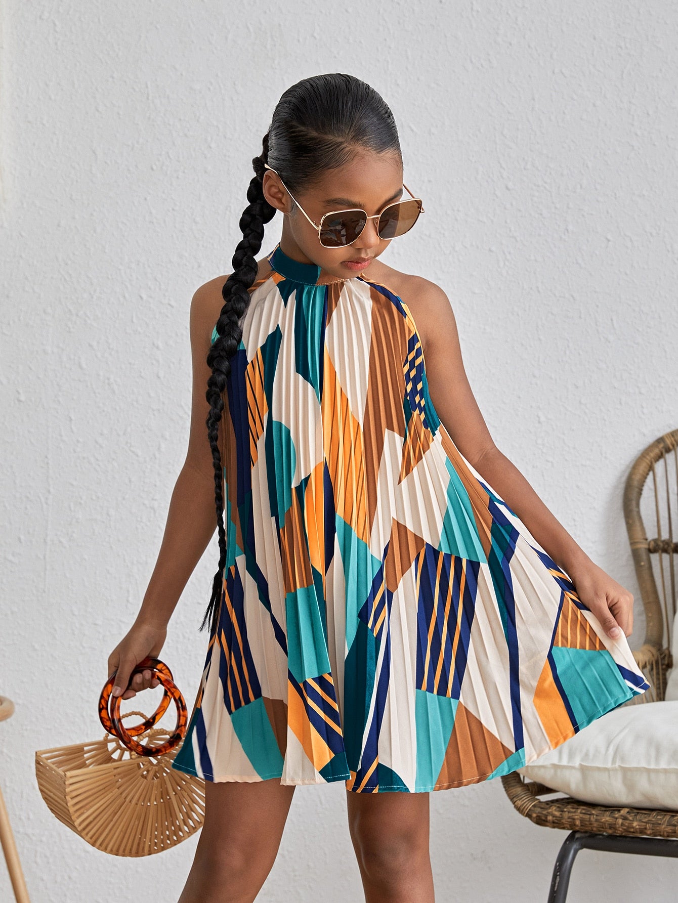 Tween Girl Geo Print Halter Neck Pleated Detail Dress