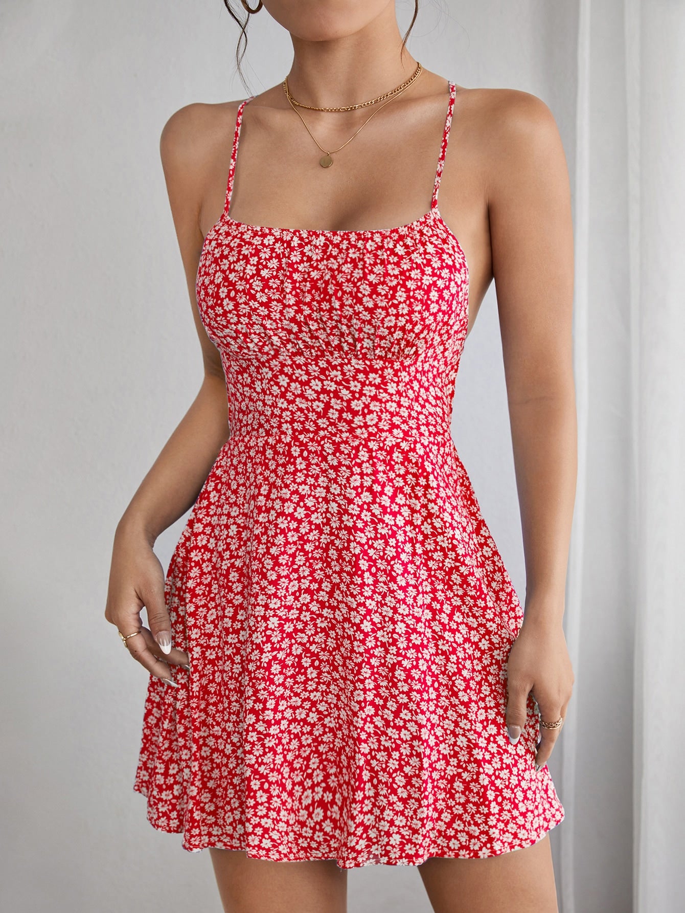 Ditsy Floral Print Criss Cross Tie Backless Cami Short Summer Dress