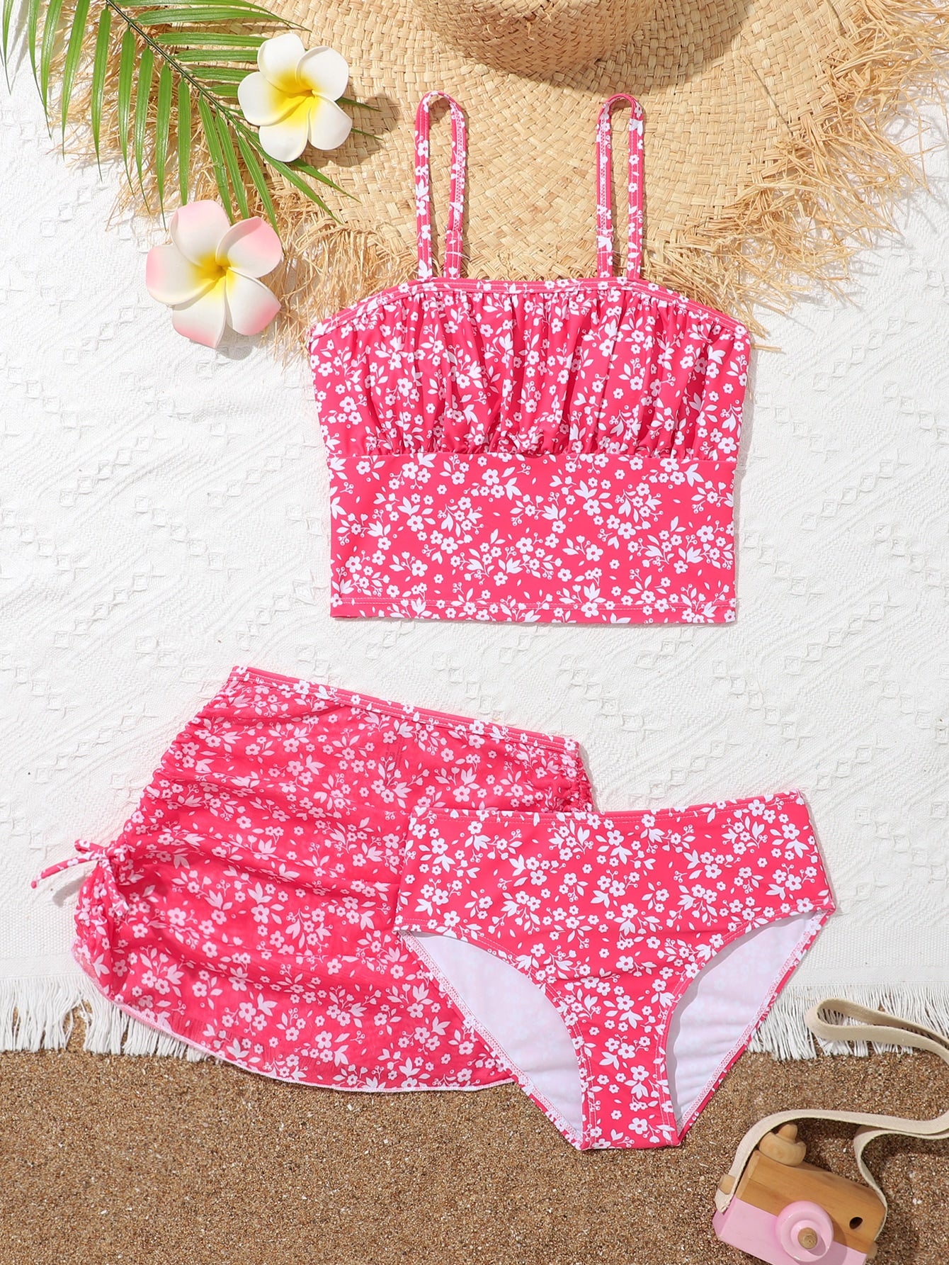 Tween Girl Ditsy Floral Print Bikini Set With Beach Skirt Summer Beach