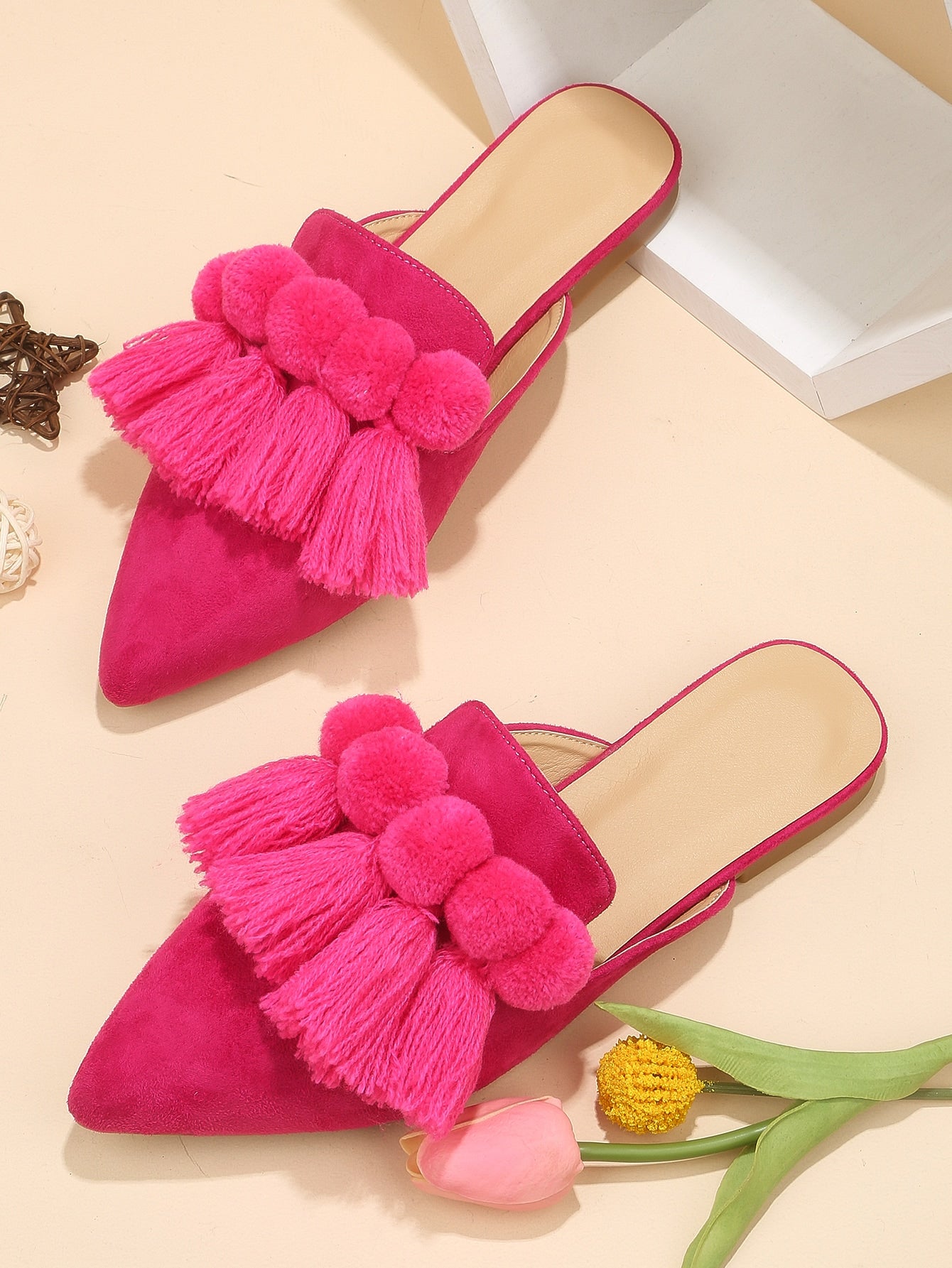 Women Pompom & Fringe Decor Point Toe Flats, Funky Faux Suede Mule Flats