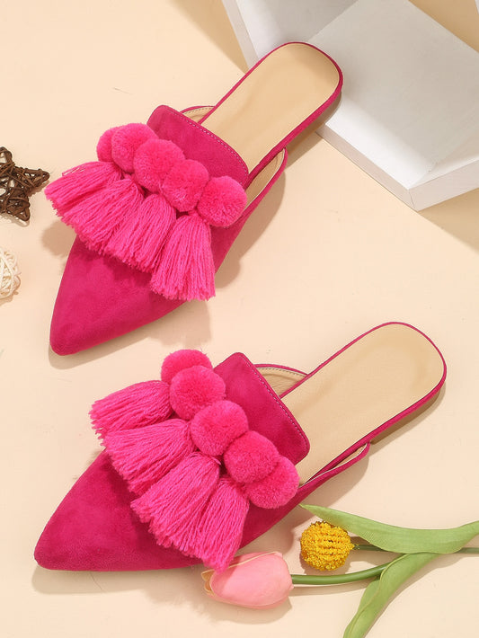 Women Pompom & Fringe Decor Point Toe Flats, Funky Faux Suede Mule Flats