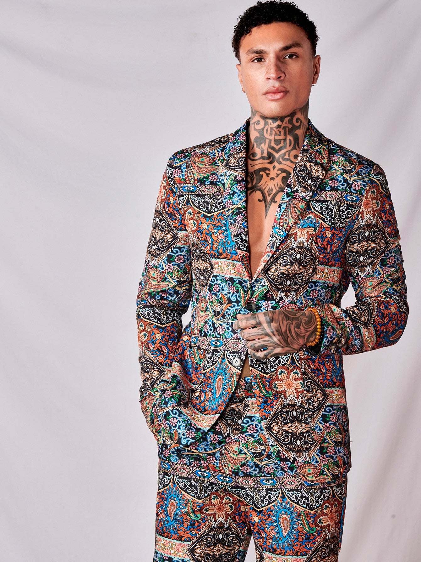 NiteLyfe Men Lapel Collar Floral Print Single Button Blazer