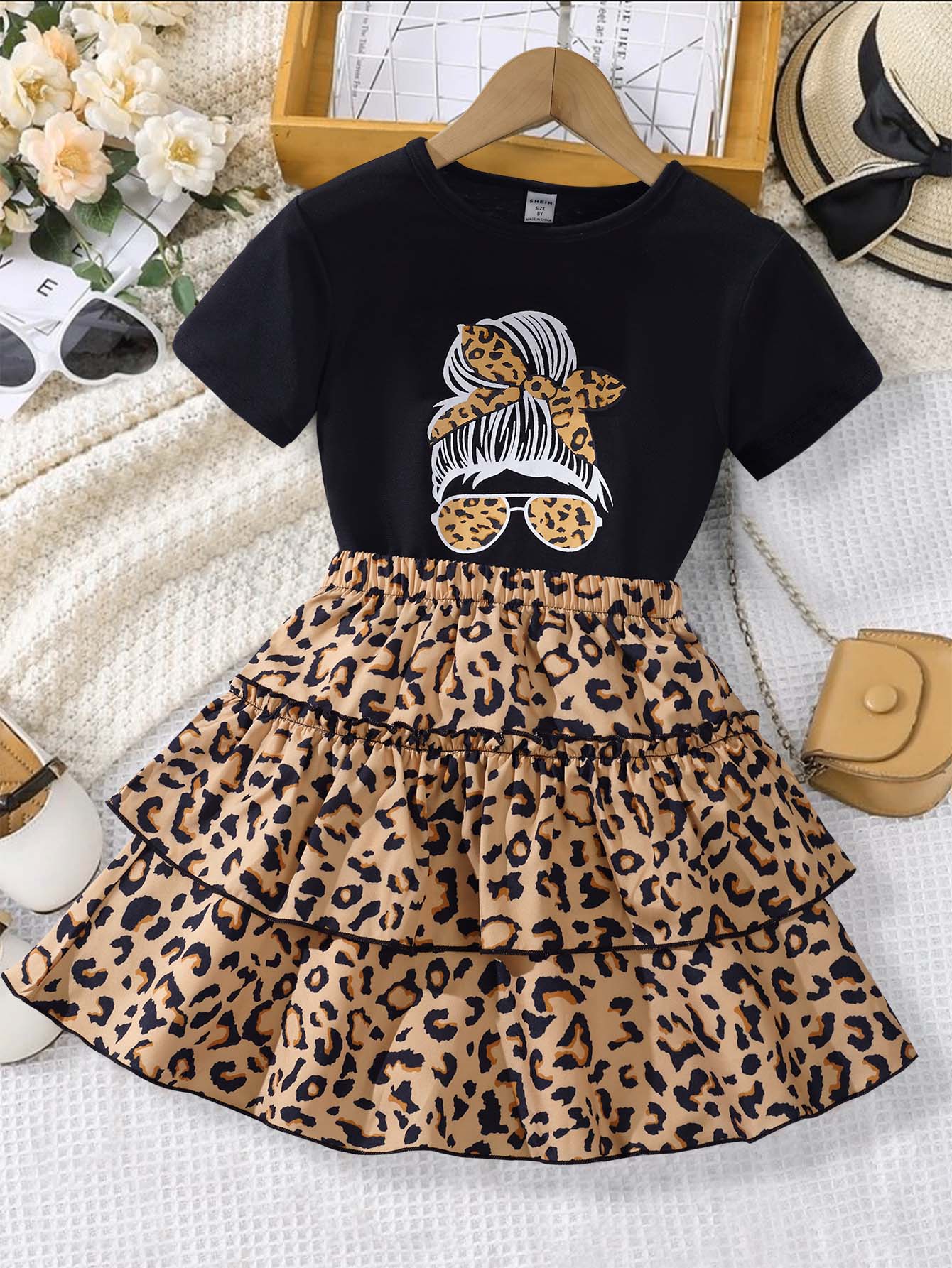 Tween Girl Figure Graphic Tee & Leopard Print Layer Hem Skirt