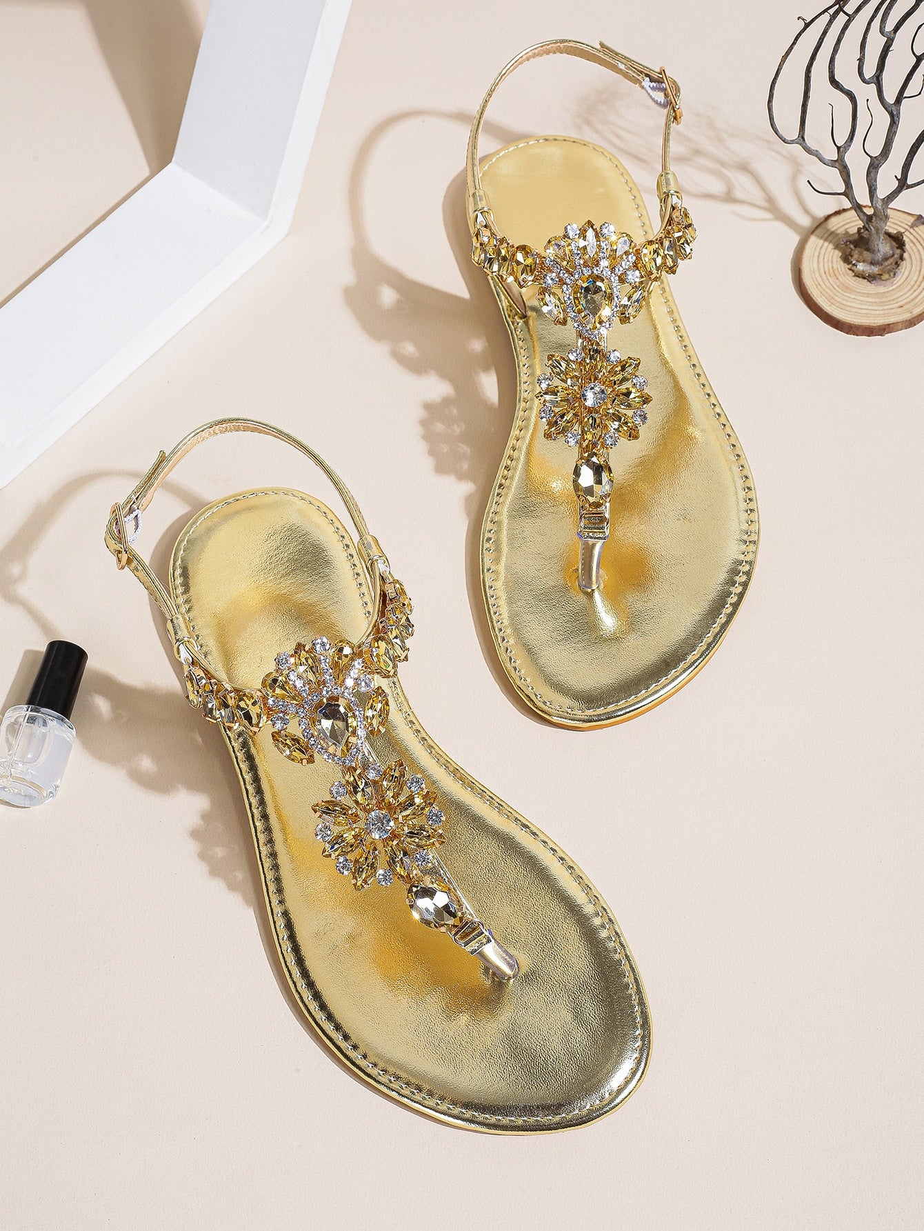 Women Champagne Metallic Rhinestone Decor Thong Sandals, Toe Post T-strap Flat Sandals For Party