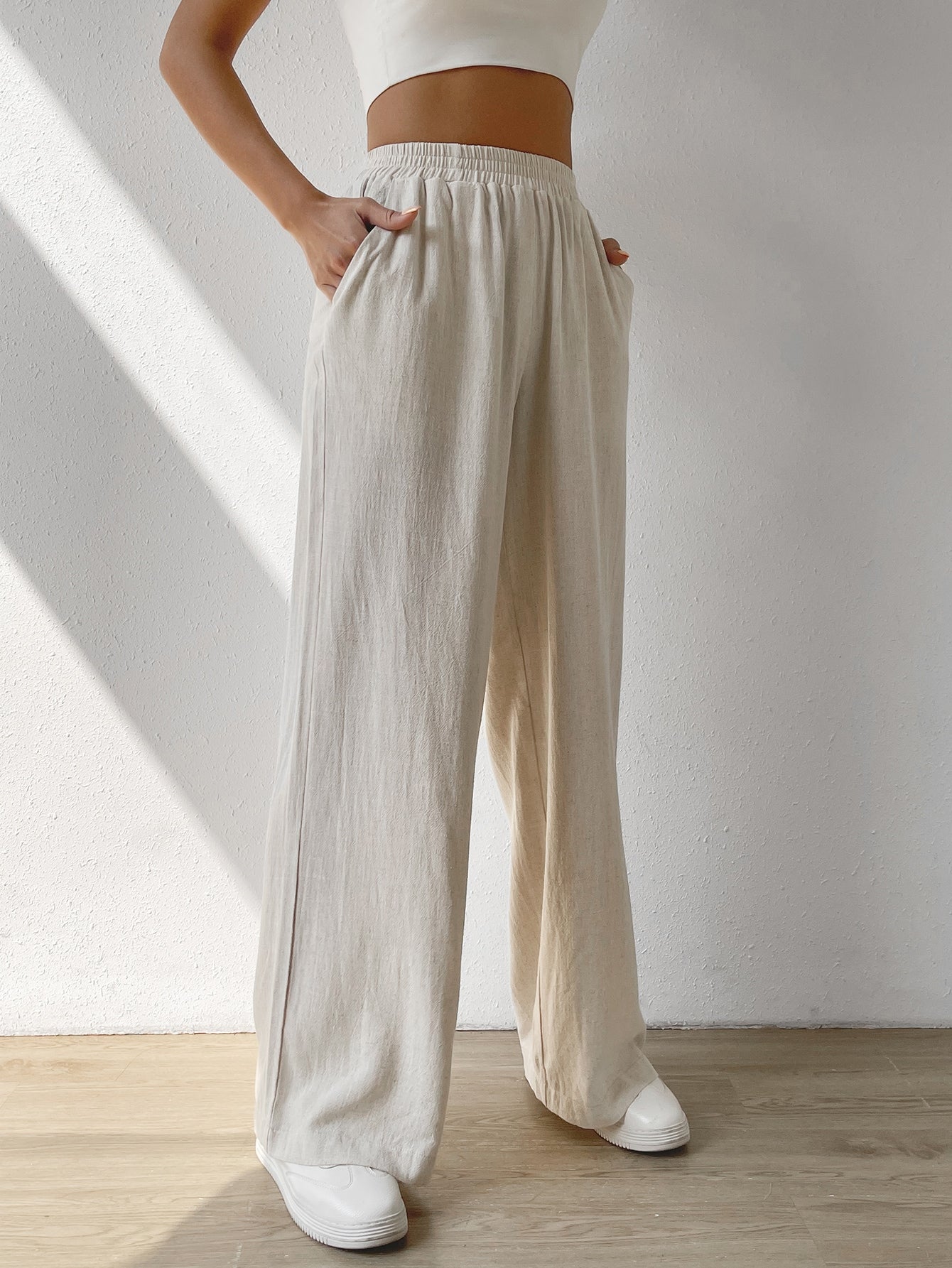 Casual Solid Slant Pocket Linen Wide Leg Pants, Summer Vocation