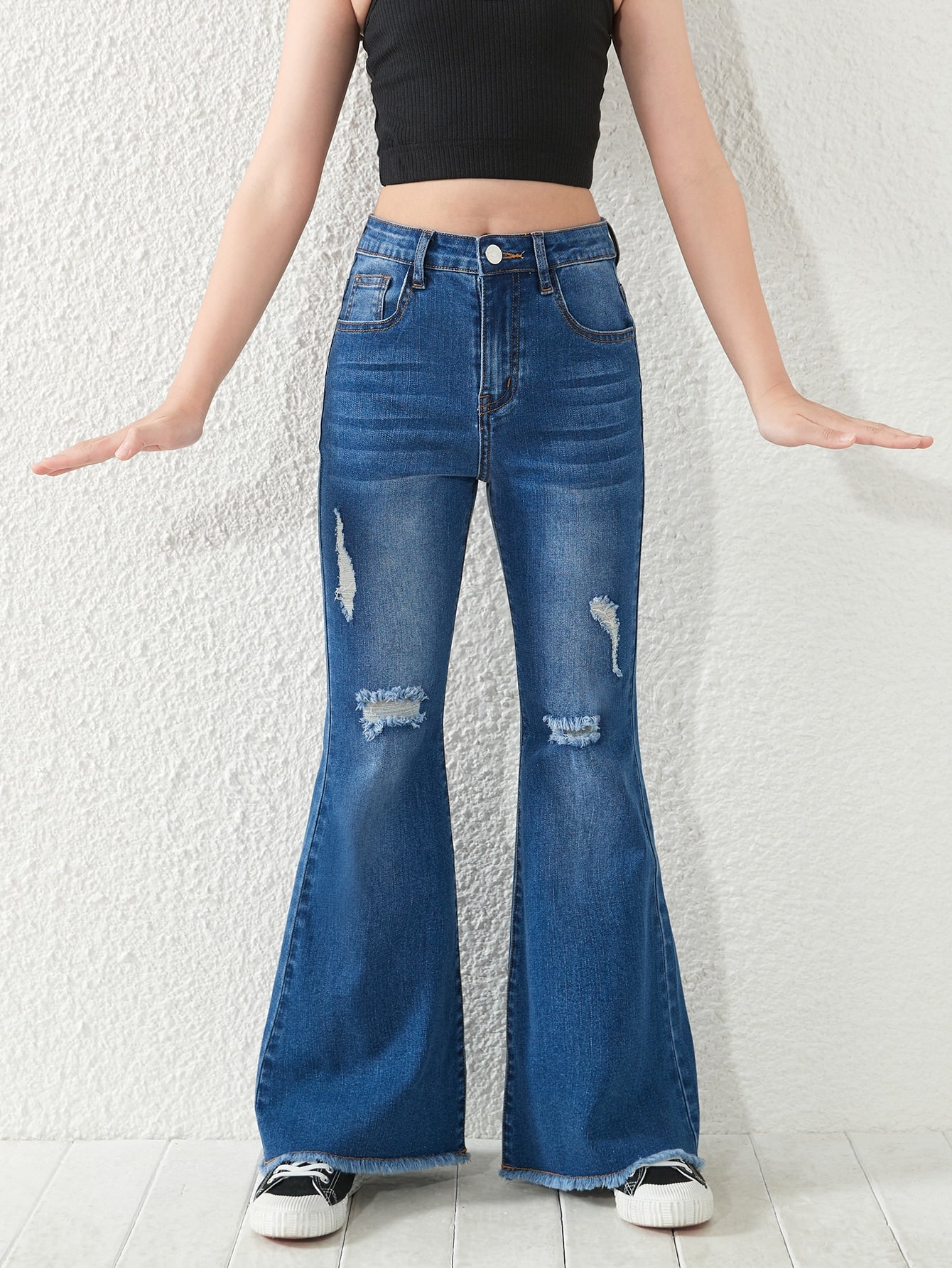 Tween Girl Ripped Raw Hem Flare Leg Jeans