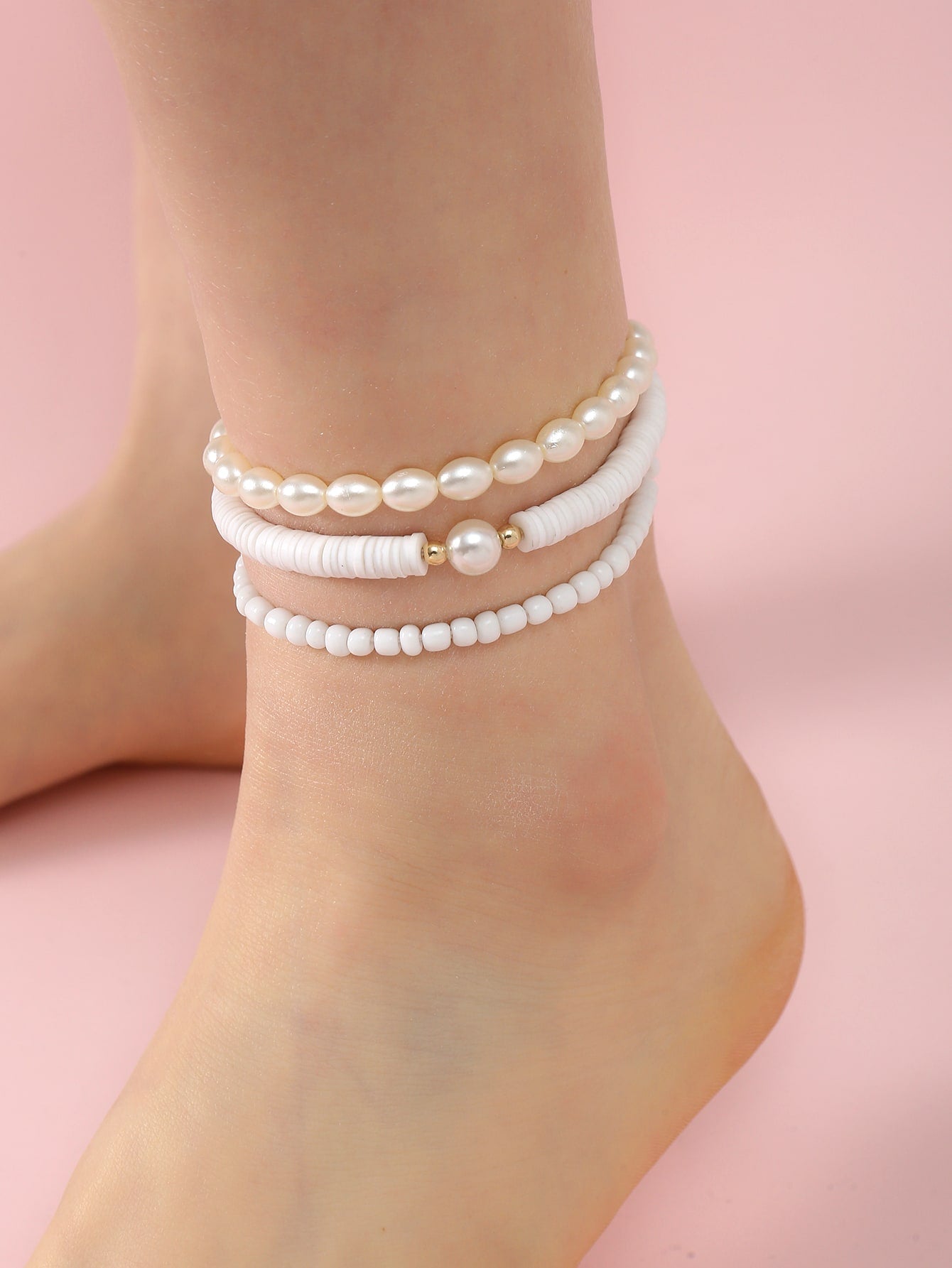 3pcs/set Girls Heart & Faux Pearl Decor Anklet