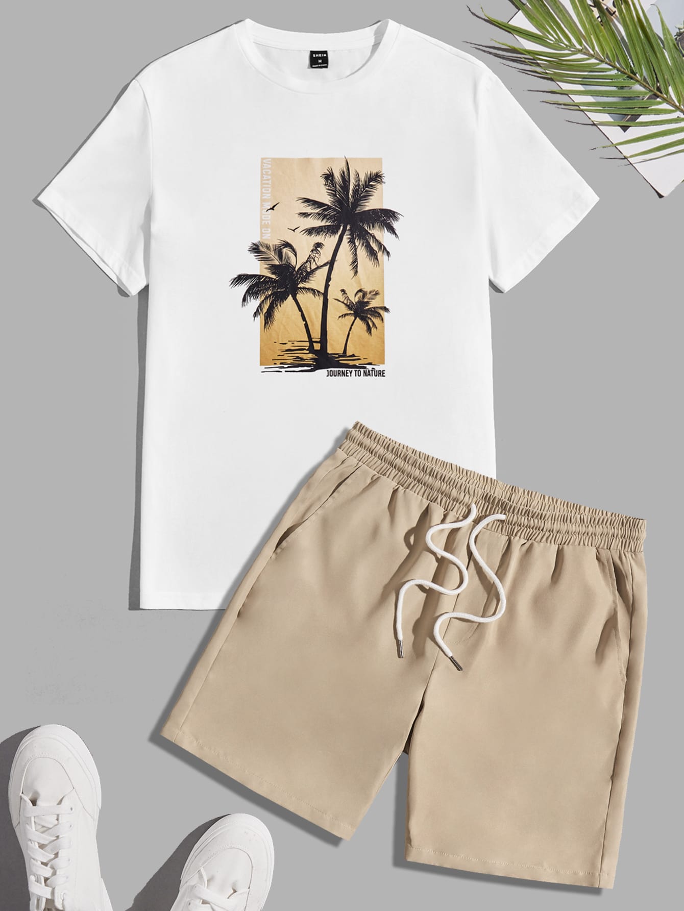 Men Tropical Print Tee & Drawstring Waist Shorts