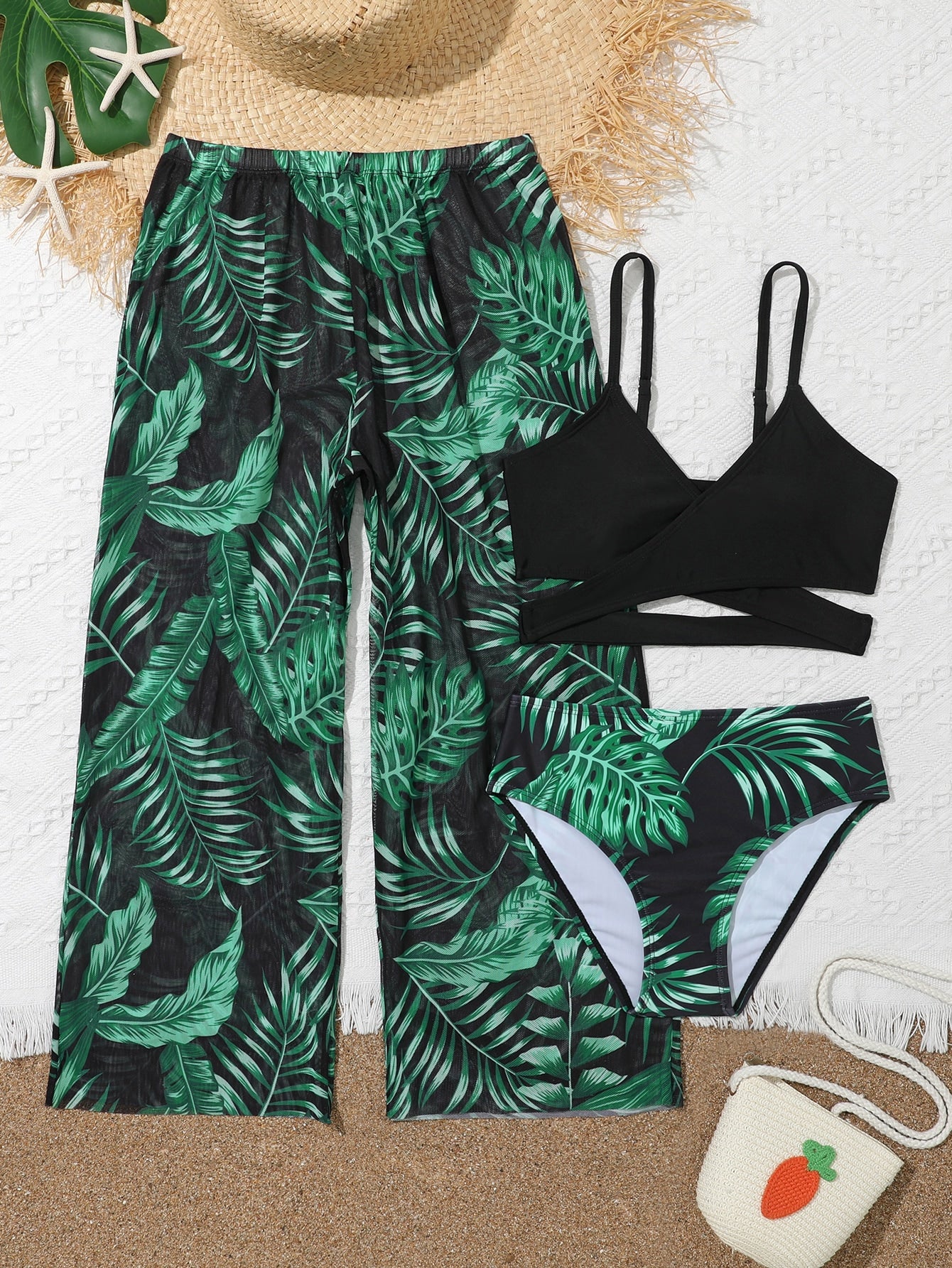 Tween Girl Tropical Print Criss Cross Bikini Set & Cover Up Pants Summer Beach