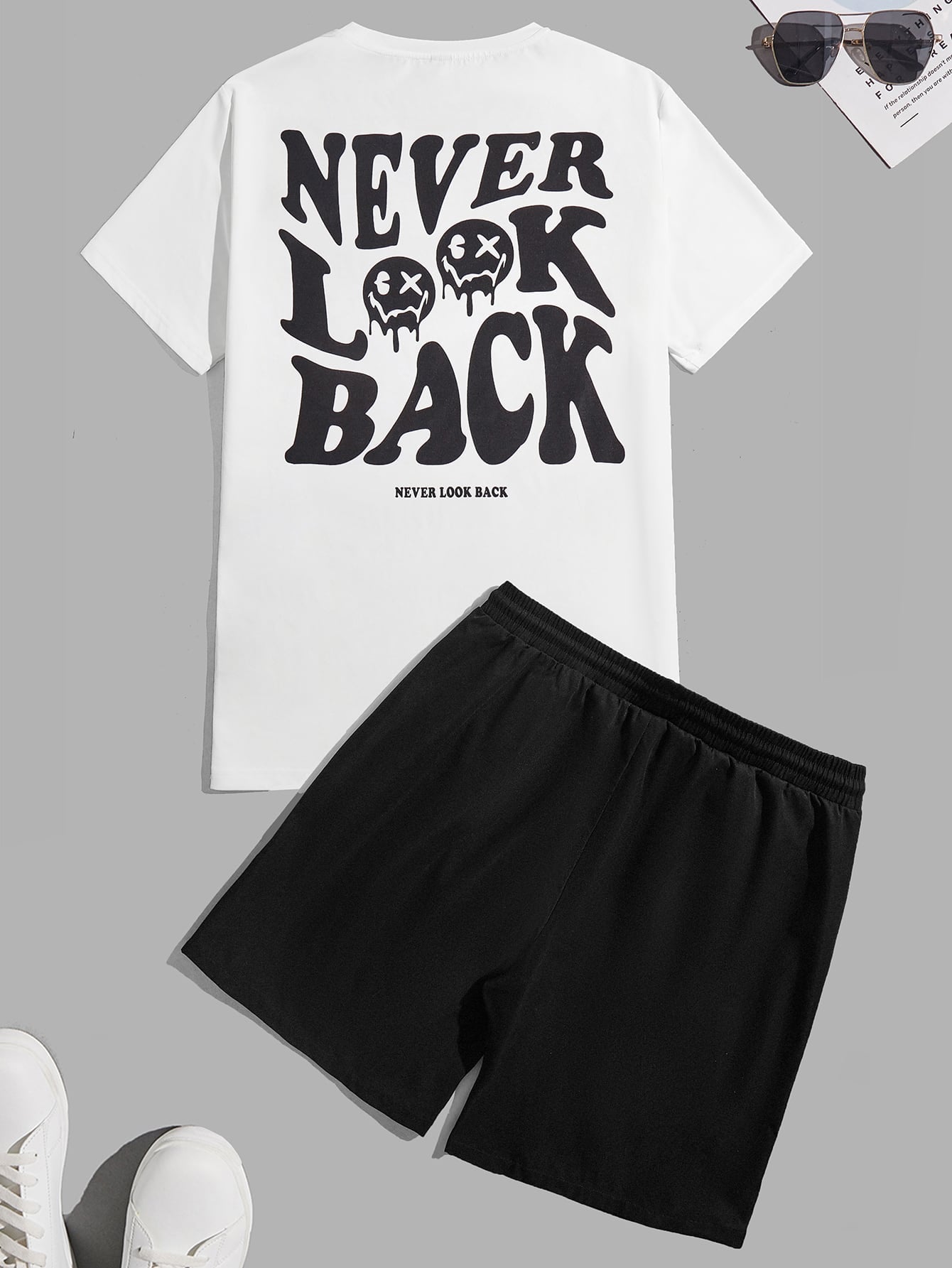 Men Slogan & Cartoon Graphic Tee & Drawstring Waist Shorts