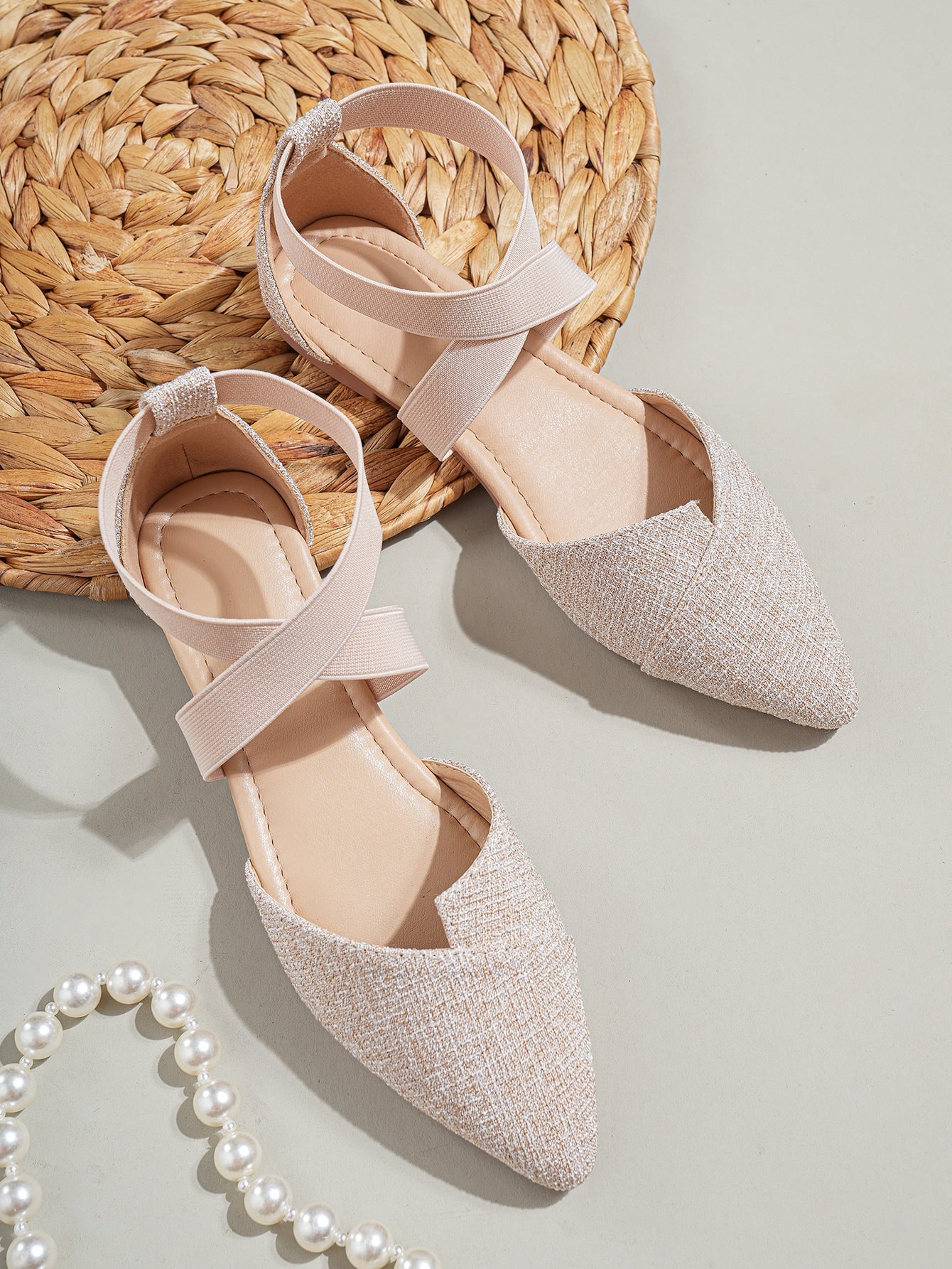 Women Point Toe Cross Strap Flats, Fashion Linen Ankle Strap Flats