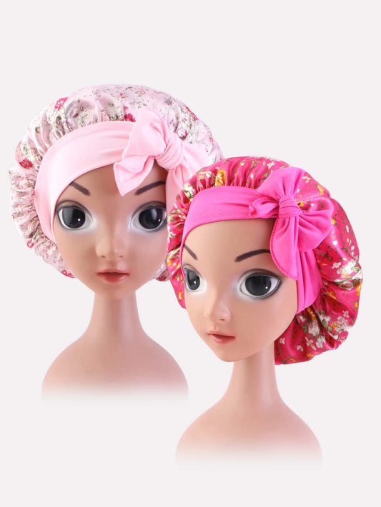 2pcs Toddler Girls Flower Pattern Bow Decor Fashionable Hair Bonnet For Home