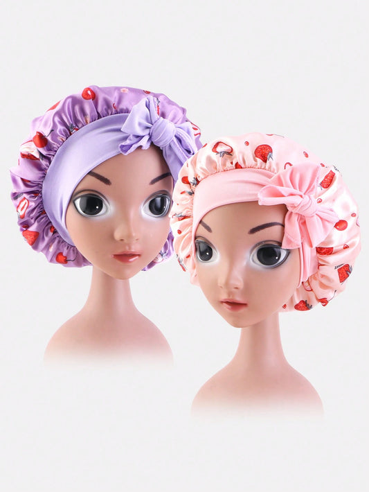 2pcs Toddler Girls Strawberry Pattern Bow Decor Fashionable Hair Bonnet For Home