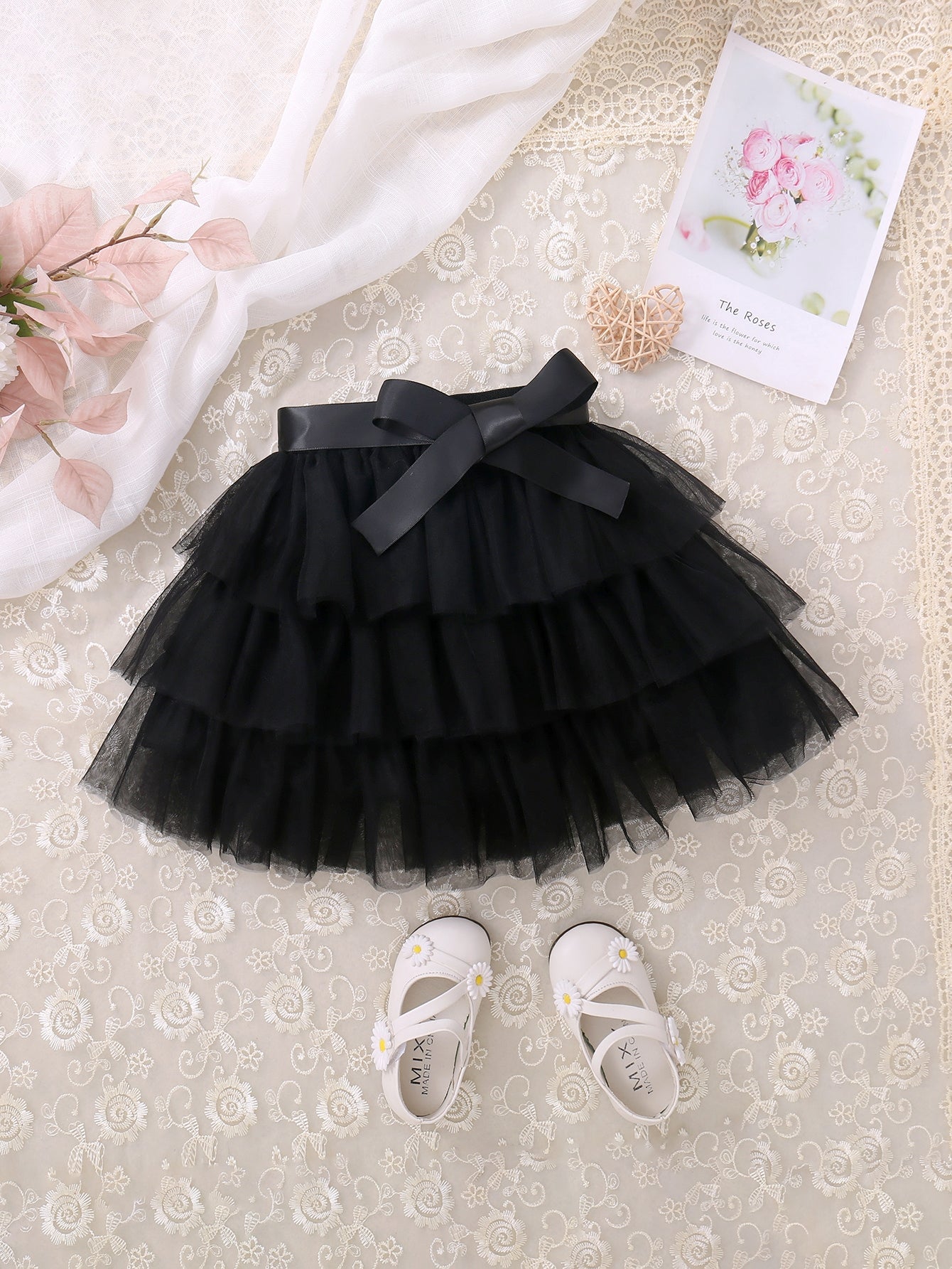 Young Girl Mesh Overlay Layer Hem Belted Skirt