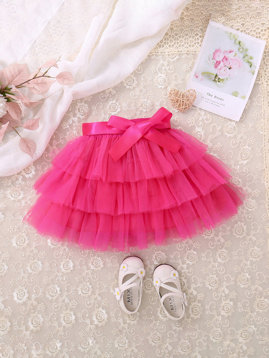 Young Girl Mesh Overlay Layer Hem Belted Skirt