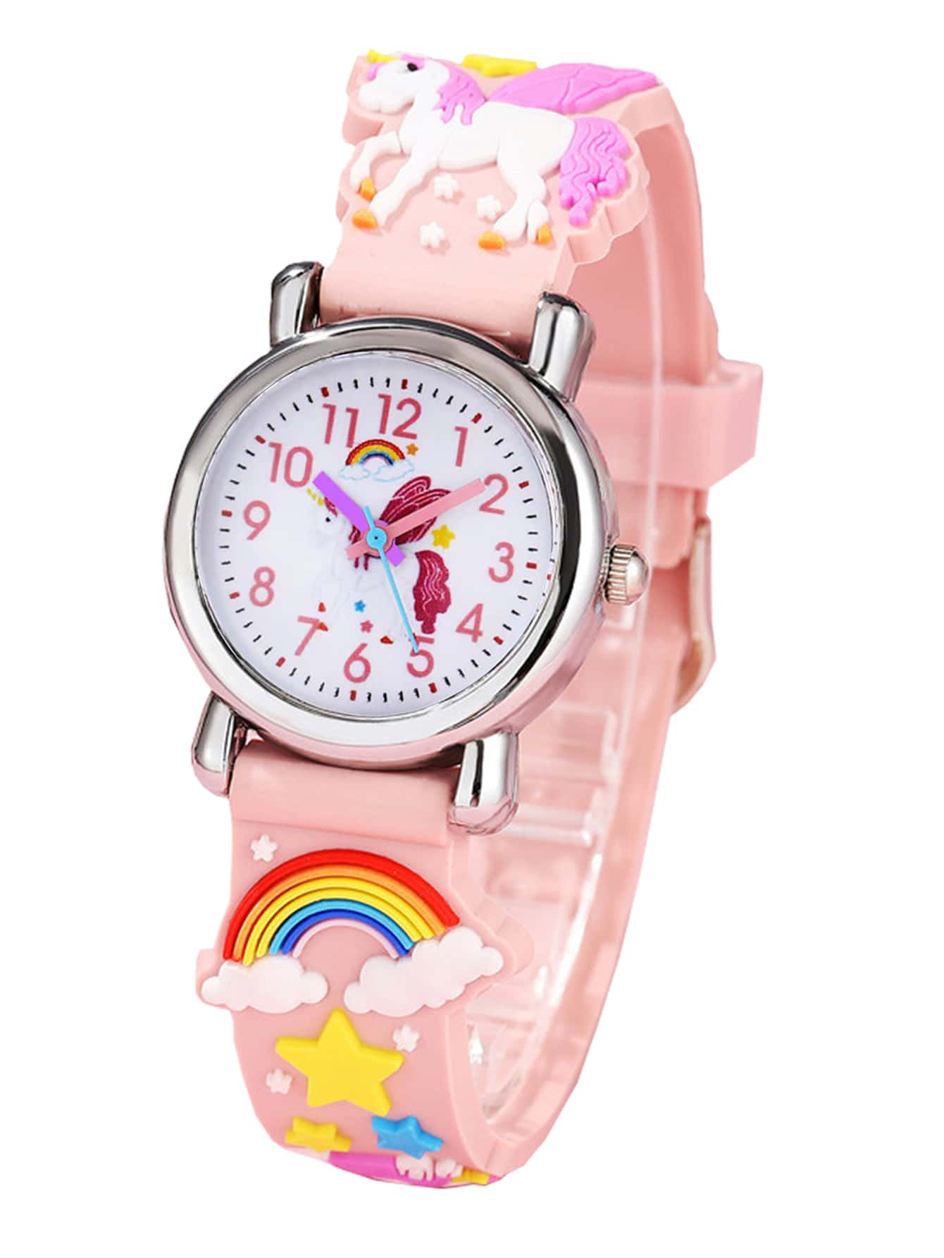 1pc Girls Rainbow & Unicorn Decor Rubber Strap Round Dial Quartz Watch For Daily Life