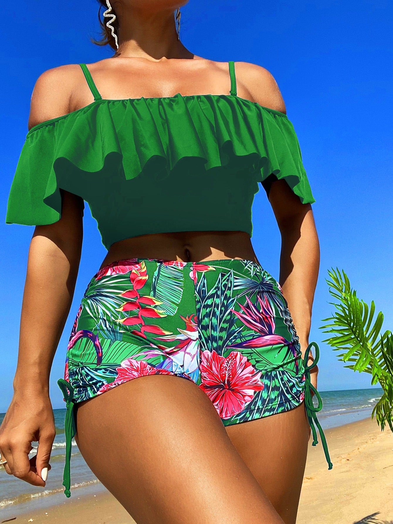 Swim Lushore Women's Beach Vacation Solid Color Shoulder Ruffled Top And Leopard Print Shorts Casual Tankini Swimwear Set