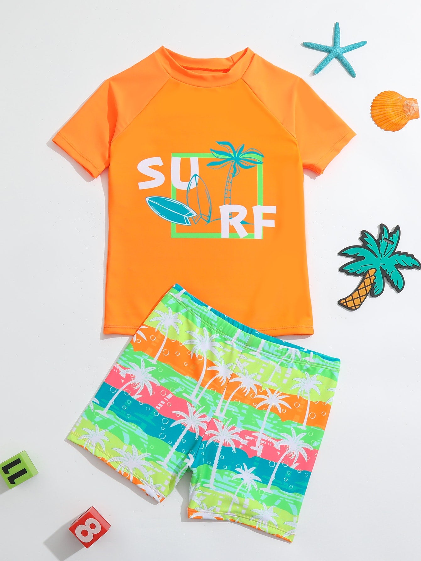 Tween Boy Tropical & Letter Print Swimwear Set, Youth