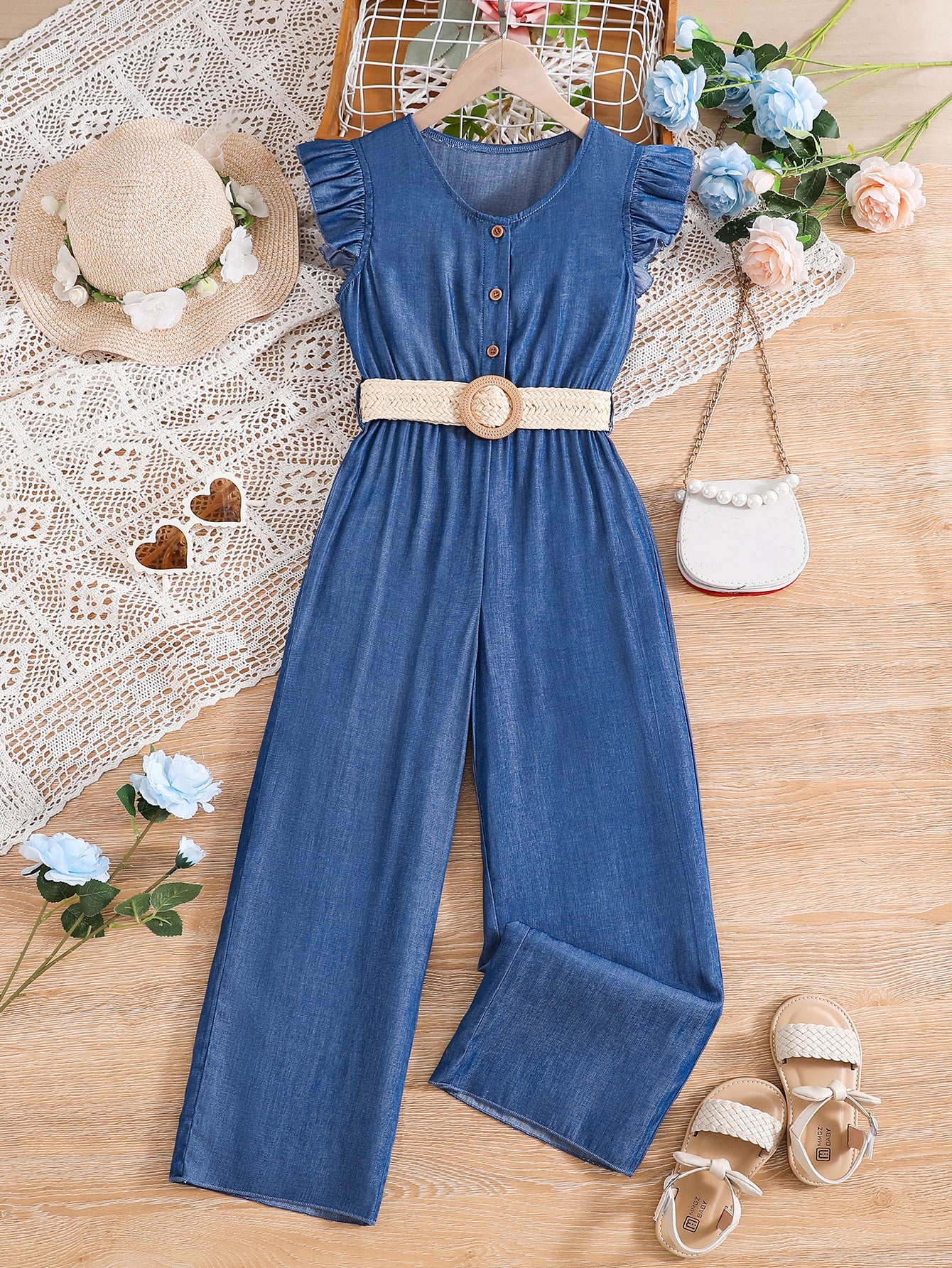 Tween Girl Ruffle Trim Button Front Jumpsuit