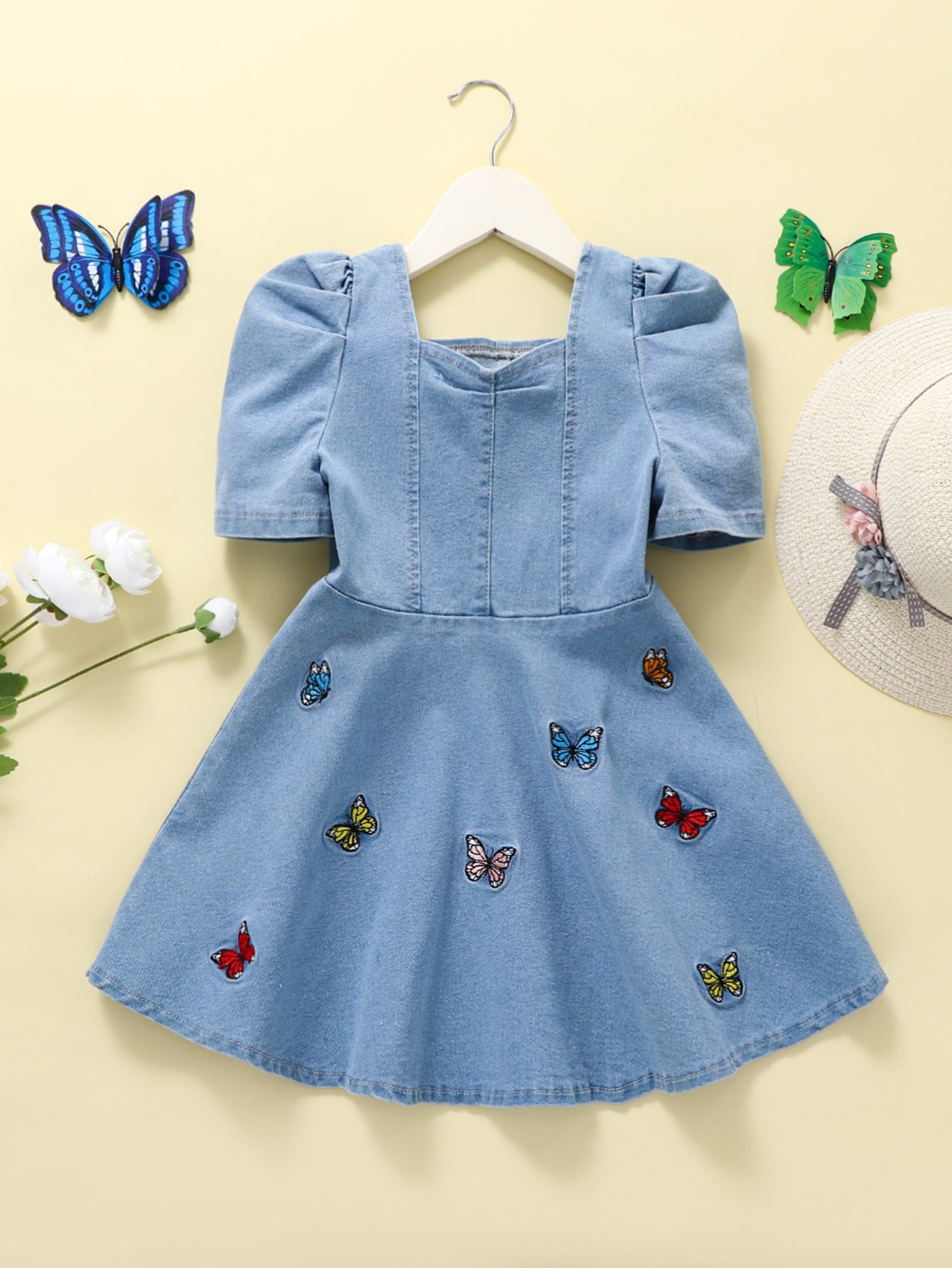 Young Girl Toddler Girls Butterfly Embroidery Puff Sleeve A-Line Denim Dress