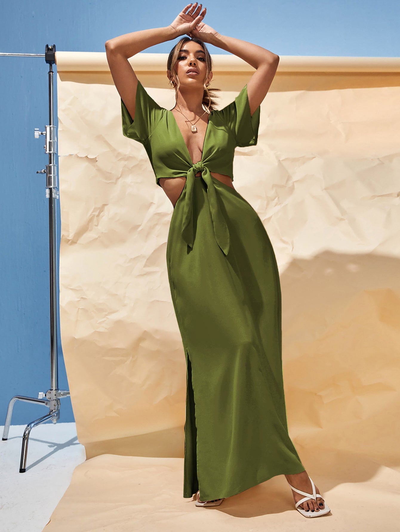 Summer Beach Tie Front Deep V Neck Cutout Waist Split Hem Maxi Dress