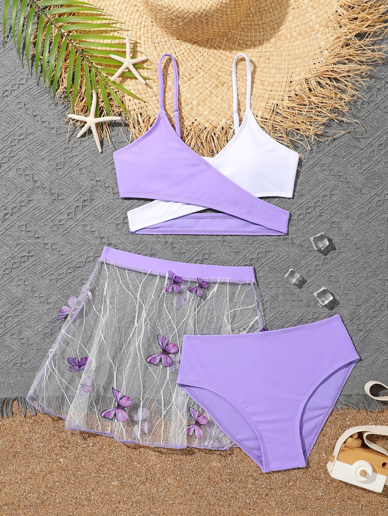 Tween Girl Two Tone Wrap Cross Bikini Set & Butterfly Print Beach Skirt Summer Beach