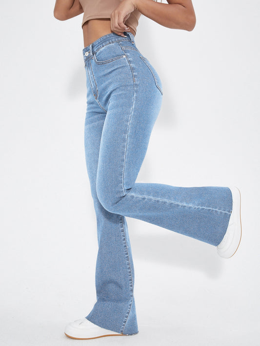 Washed Denim Blue High Waist Flare Leg Jeans