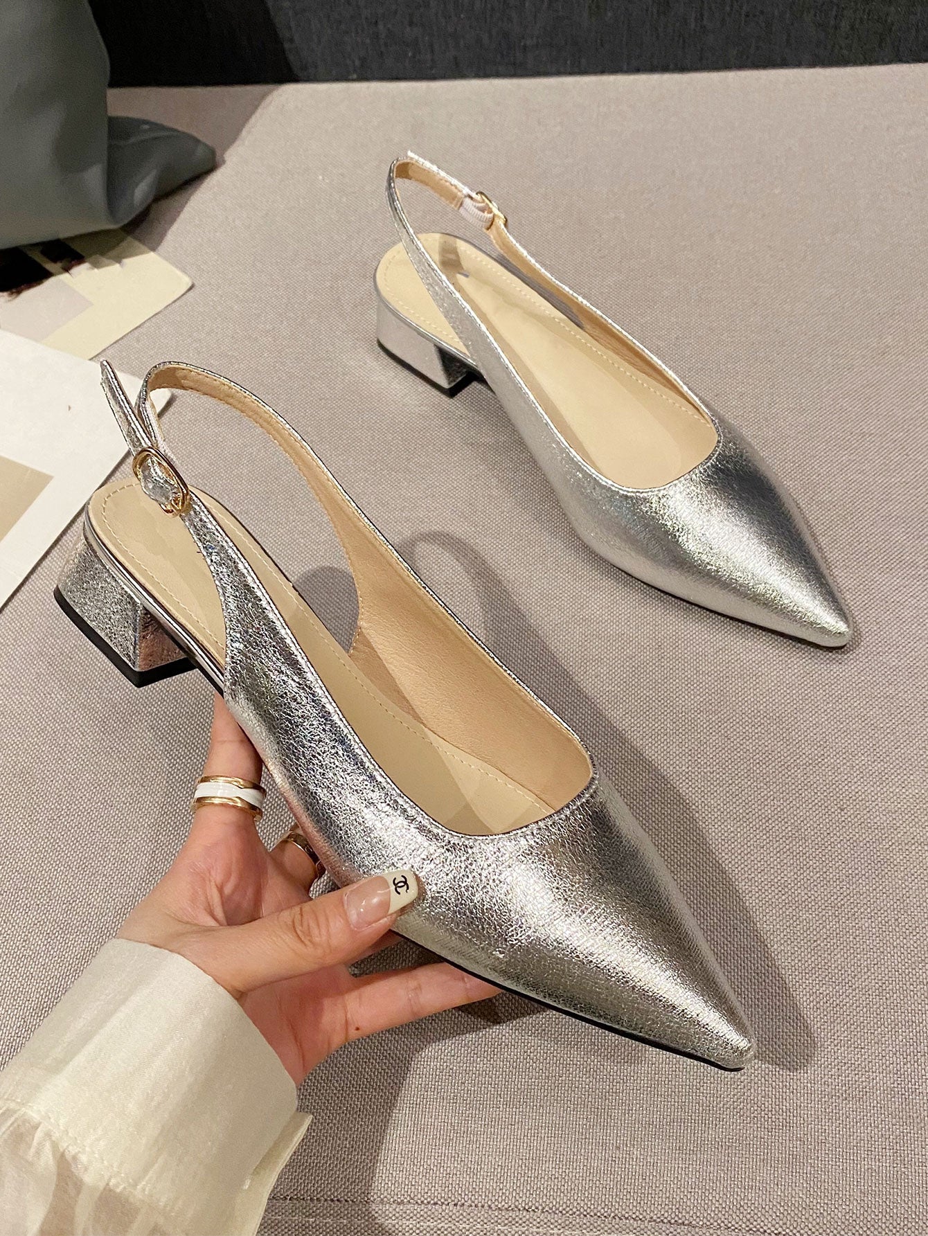 Women Metallic Point Toe Flats, Glamorous Silver Slingback Flats