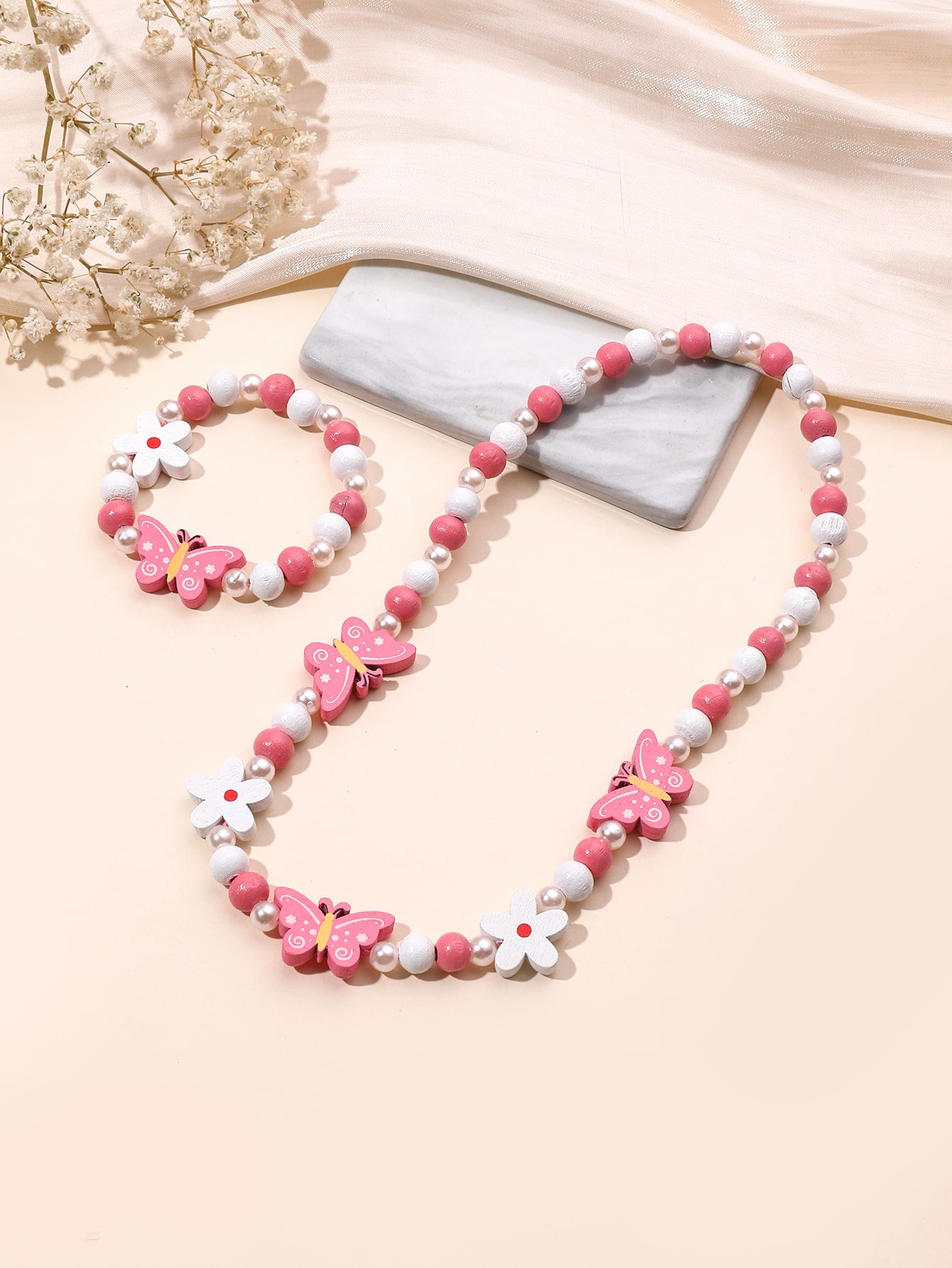 2pcs/set Children's Beaded Jewelry, Including One Colorful Necklace And One Rose Butterfly Necklace, Diy Bracelet (1pc Each)