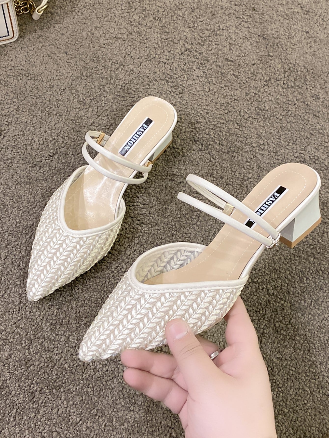 New Arrival Pointed Toe Embroidered Double-Purpose High Heels Chunky Heel Slippers Sandals