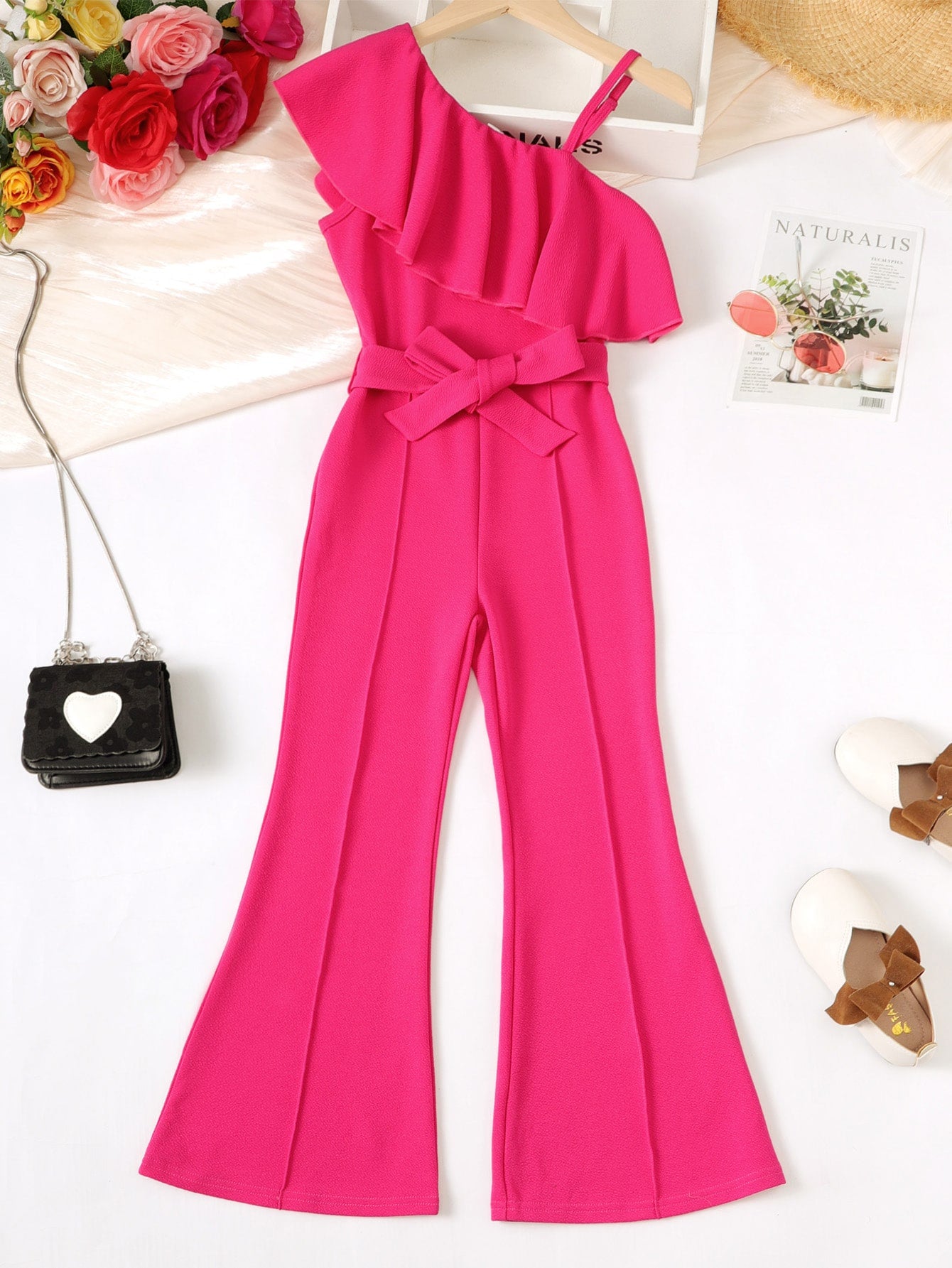 Tween Girl Asymmetrical Neck Ruffle Trim Belted Flare Leg Jumpsuit