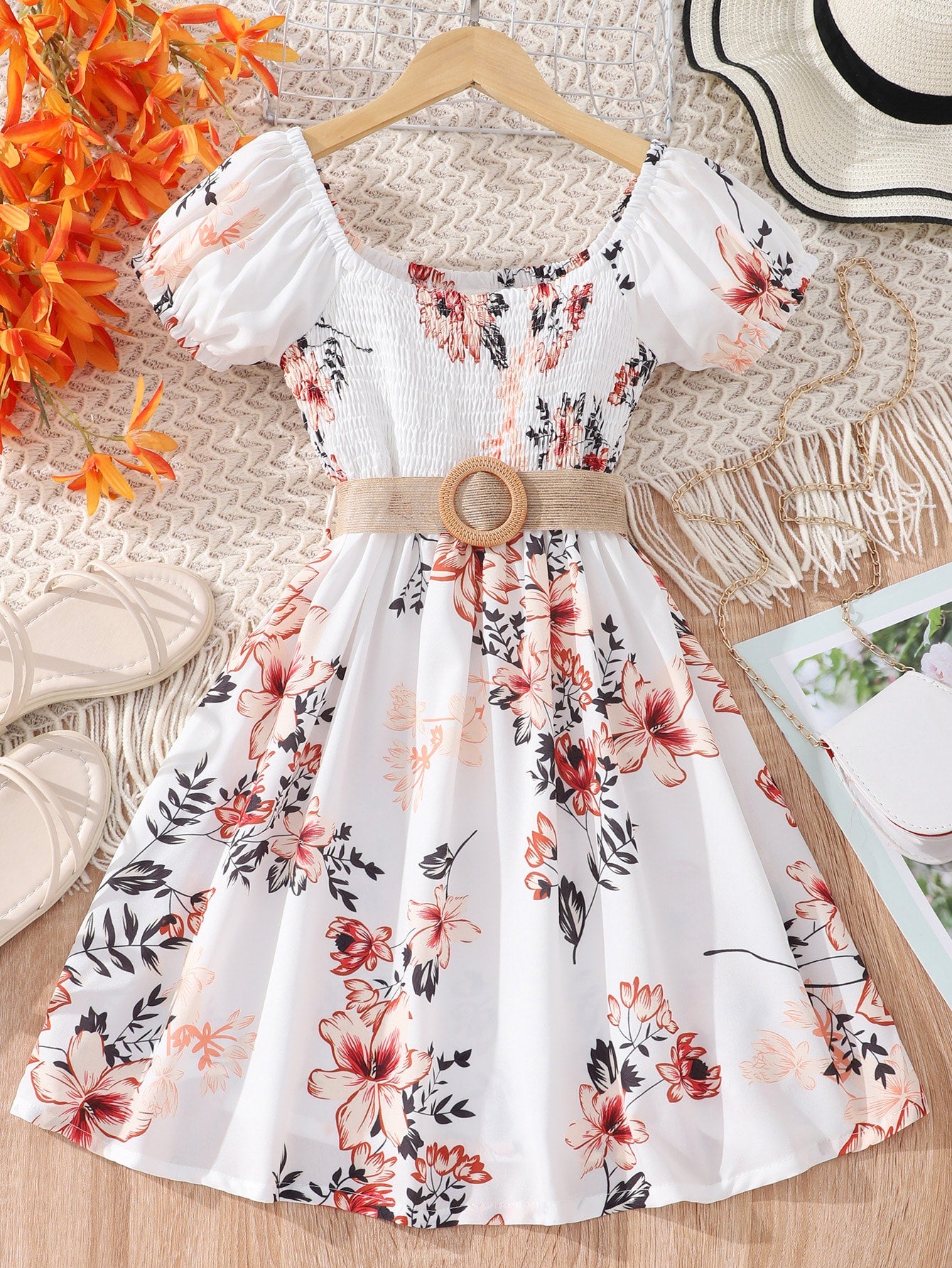 Tween Girl Floral Print Shirred Puff Sleeve Belted Dress