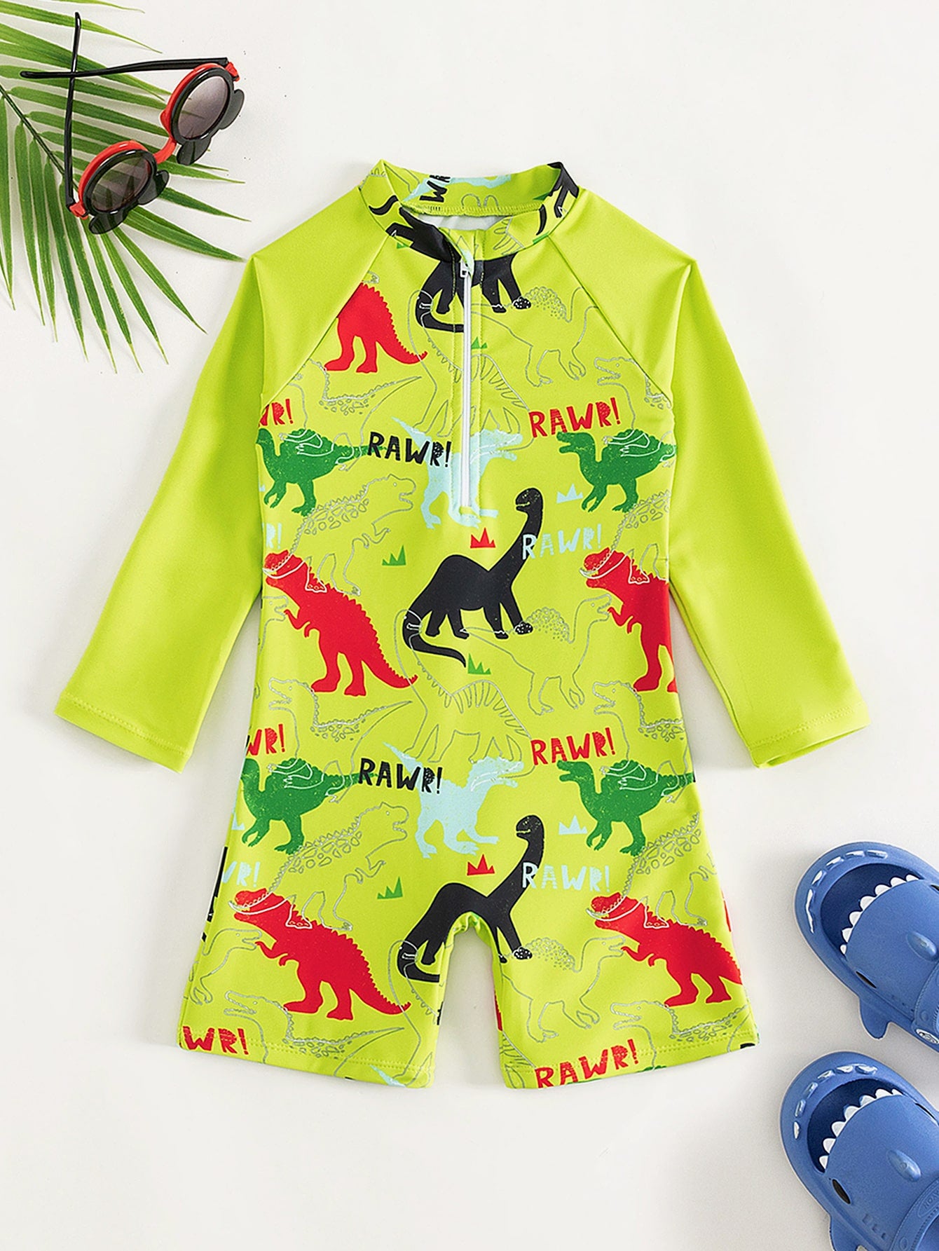 Young Boy Allover Dinosaur Print Zipper Front One Piece Swimsuit