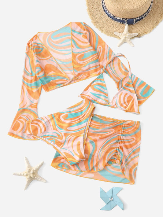 Tween Girl 4packs Fluid Pattern Halter Bikini Set & Cover Up Top With Skirt Set, Mommy And Me Matching Outfits (Sold Separately) Summer Beach